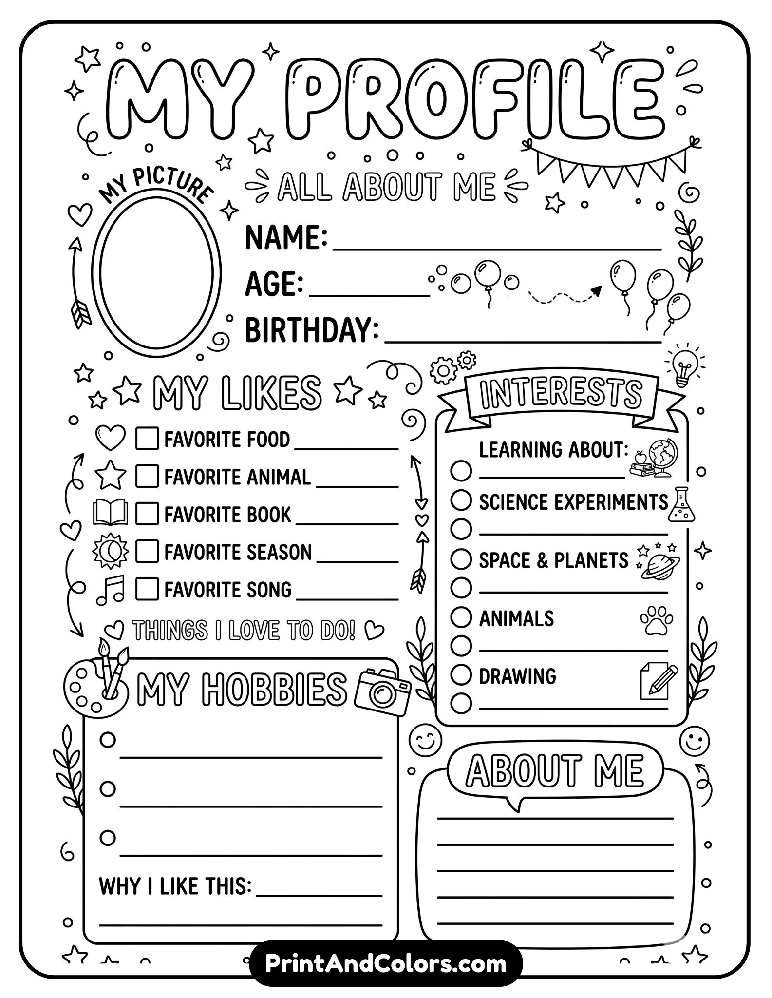 profile-style black-and-white worksheet with icons representing likes, hobbies, and interests. Include checkboxes and writing lines. Clean outlines, no grayscale, coloring-page friendly