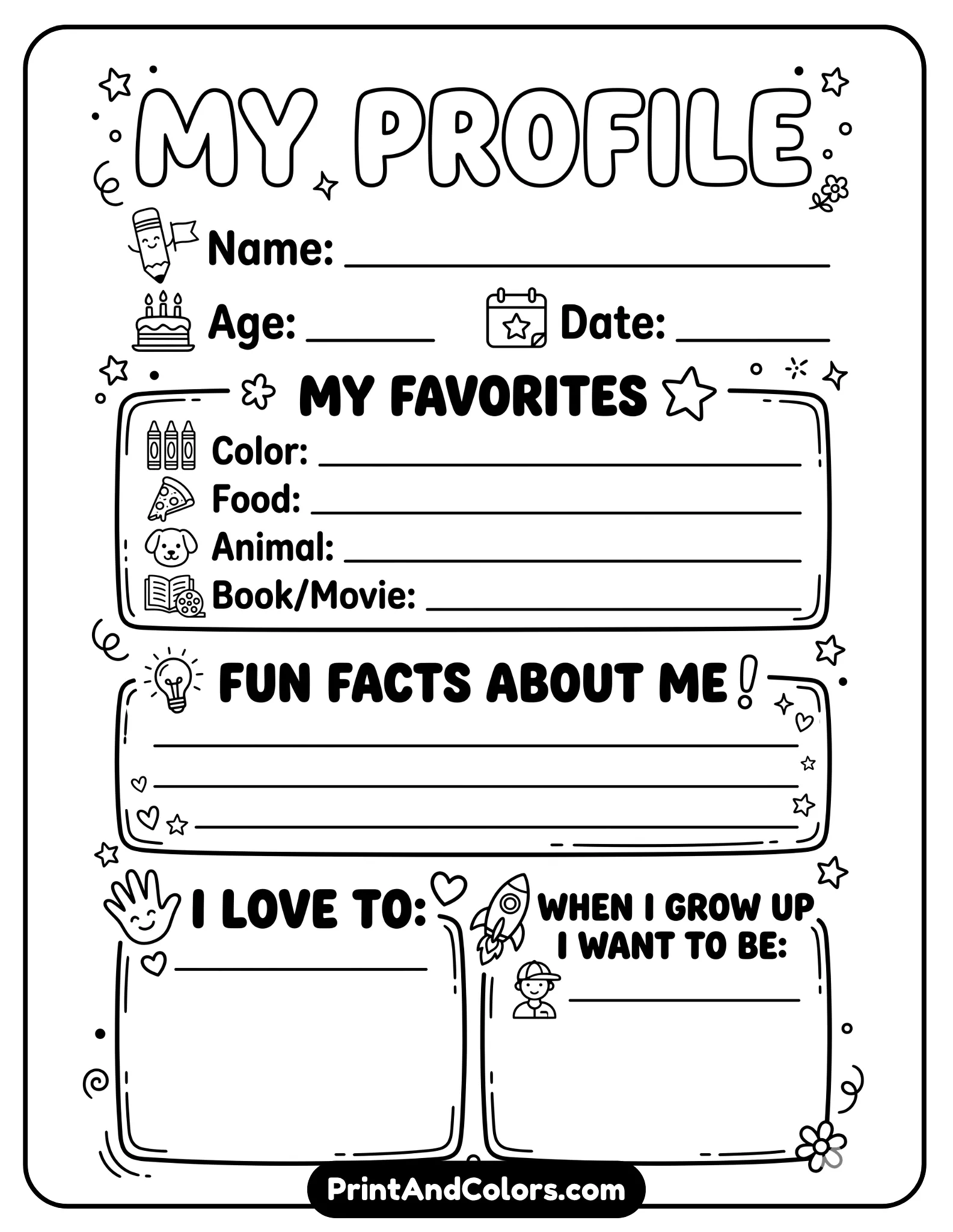 structured black-and-white worksheet with labeled sections for name, age, favorites, and fun facts. Include small friendly icons beside each section. Clean layout, no shading, optimized for PDF printing