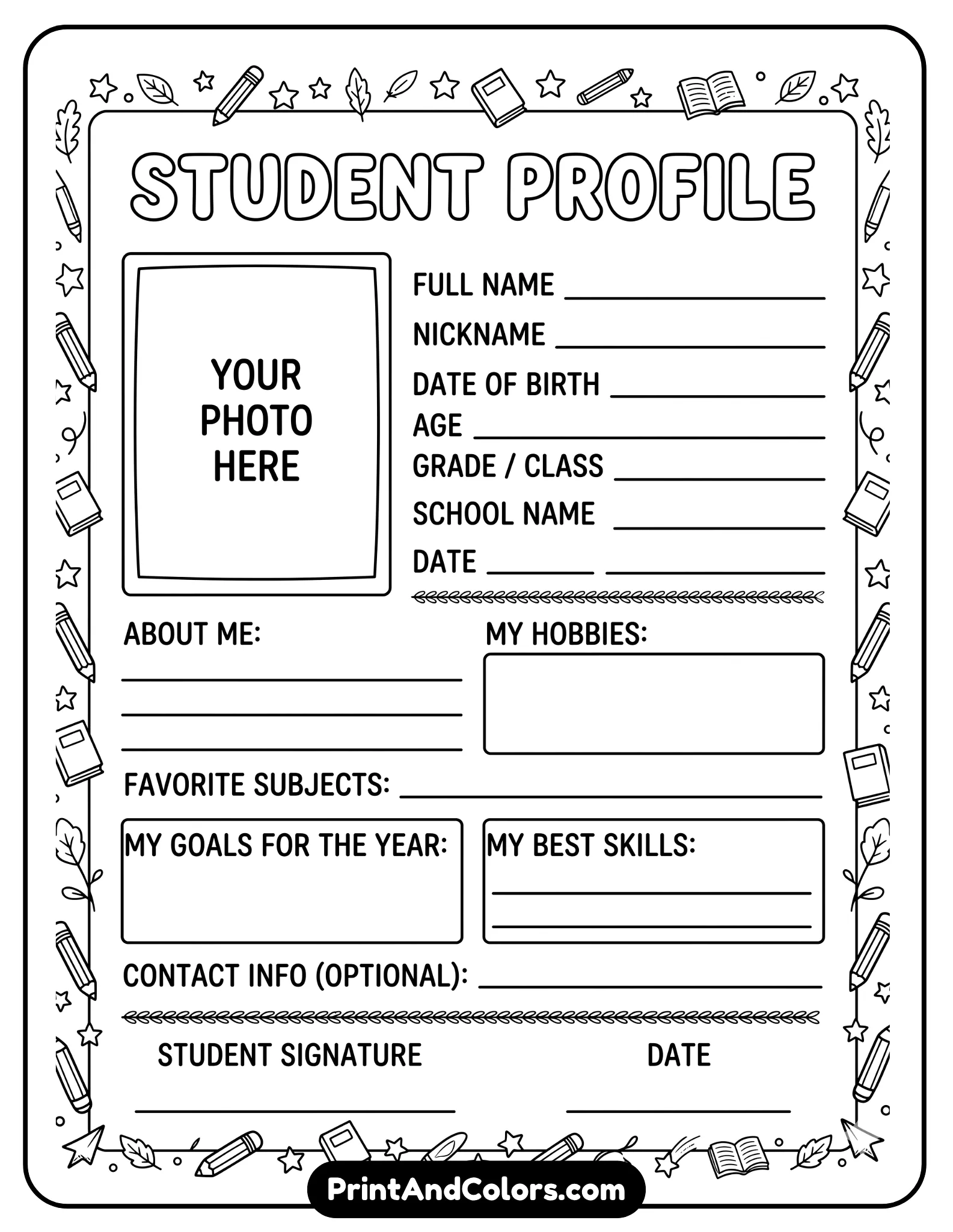 student profile black-and-white worksheet with a clear photo frame area and labeled personal detail sections. Clean professional layout, no shading