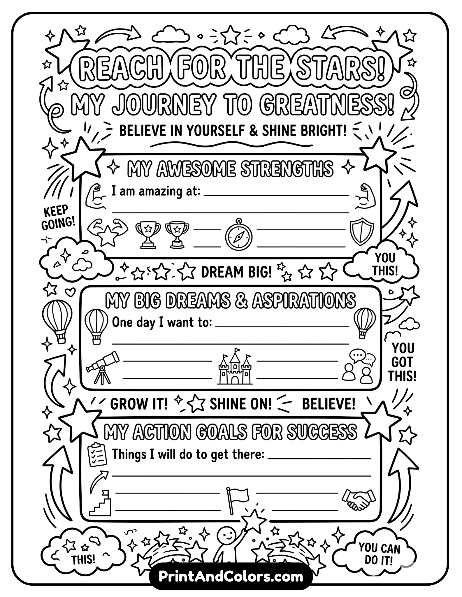 motivational black-and-white worksheet with stars, arrows, and dream cloud icons. Include sections for strengths, dreams, and goals. Bold outlines, uplifting style