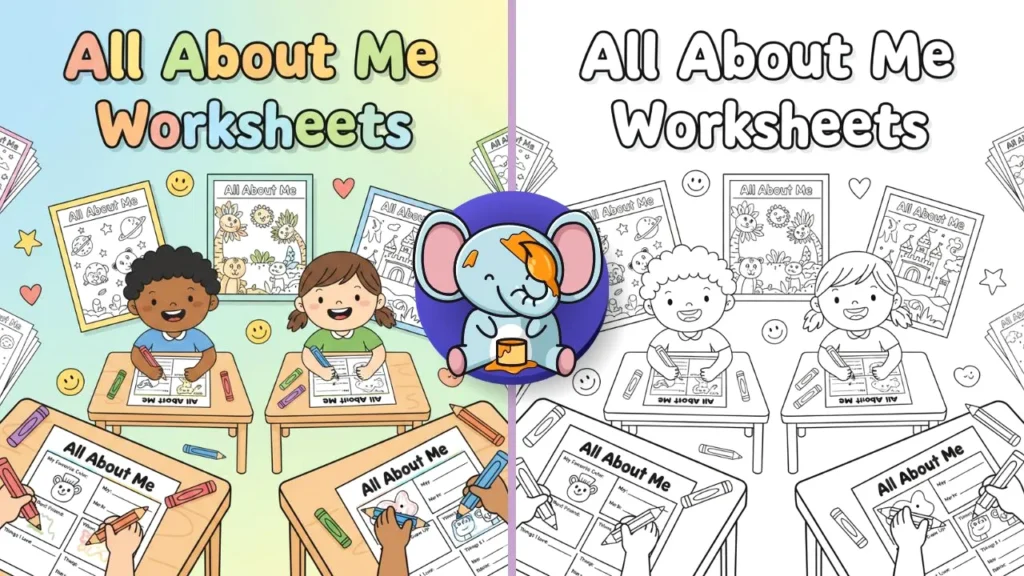 Create a bright, kid-friendly illustration for a website feature image showing happy children sitting at desks and coloring “All About Me” worksheets. Include crayons, pencils, stars, hearts, and smiley icons around them. Use a playful cartoon style, soft pastel colors, and a clean background. Add large bold text reading “All About Me Worksheets” in a fun rounded font. Educational, cheerful, and welcoming style suitable for preschool and elementary kids.