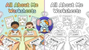 Create a bright, kid-friendly illustration for a website feature image showing happy children sitting at desks and coloring “All About Me” worksheets. Include crayons, pencils, stars, hearts, and smiley icons around them. Use a playful cartoon style, soft pastel colors, and a clean background. Add large bold text reading “All About Me Worksheets” in a fun rounded font. Educational, cheerful, and welcoming style suitable for preschool and elementary kids.