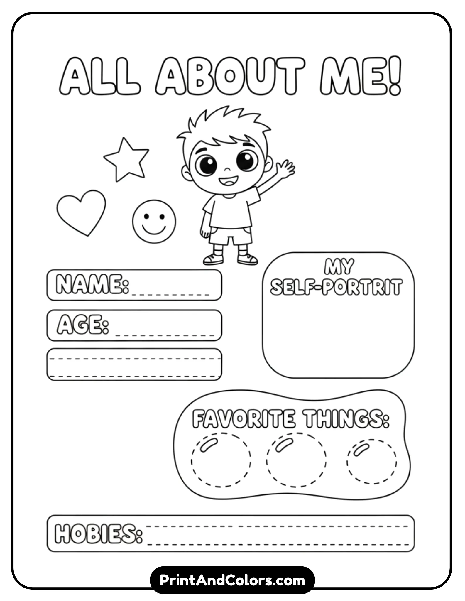 black-and-white line art worksheet for kids titled “All About Me.” The layout should include a friendly child character waving, simple doodle icons (heart, star, smiley face), and multiple clearly labeled sections such as name, age, favorite things, hobbies, and a small self-portrait box. Use bold outlines, no shading, no grayscale, simple shapes, and open spaces for coloring. Child-friendly, classroom-style design suitable for printing on A4 or Letter size