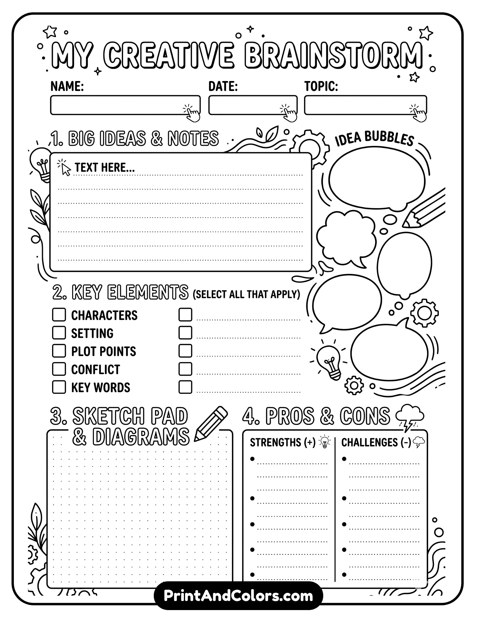 hybrid black-and-white worksheet suitable for both digital fill-in and printing. Include clear input areas, checkboxes, and drawing space. Clean modern layout, no shading