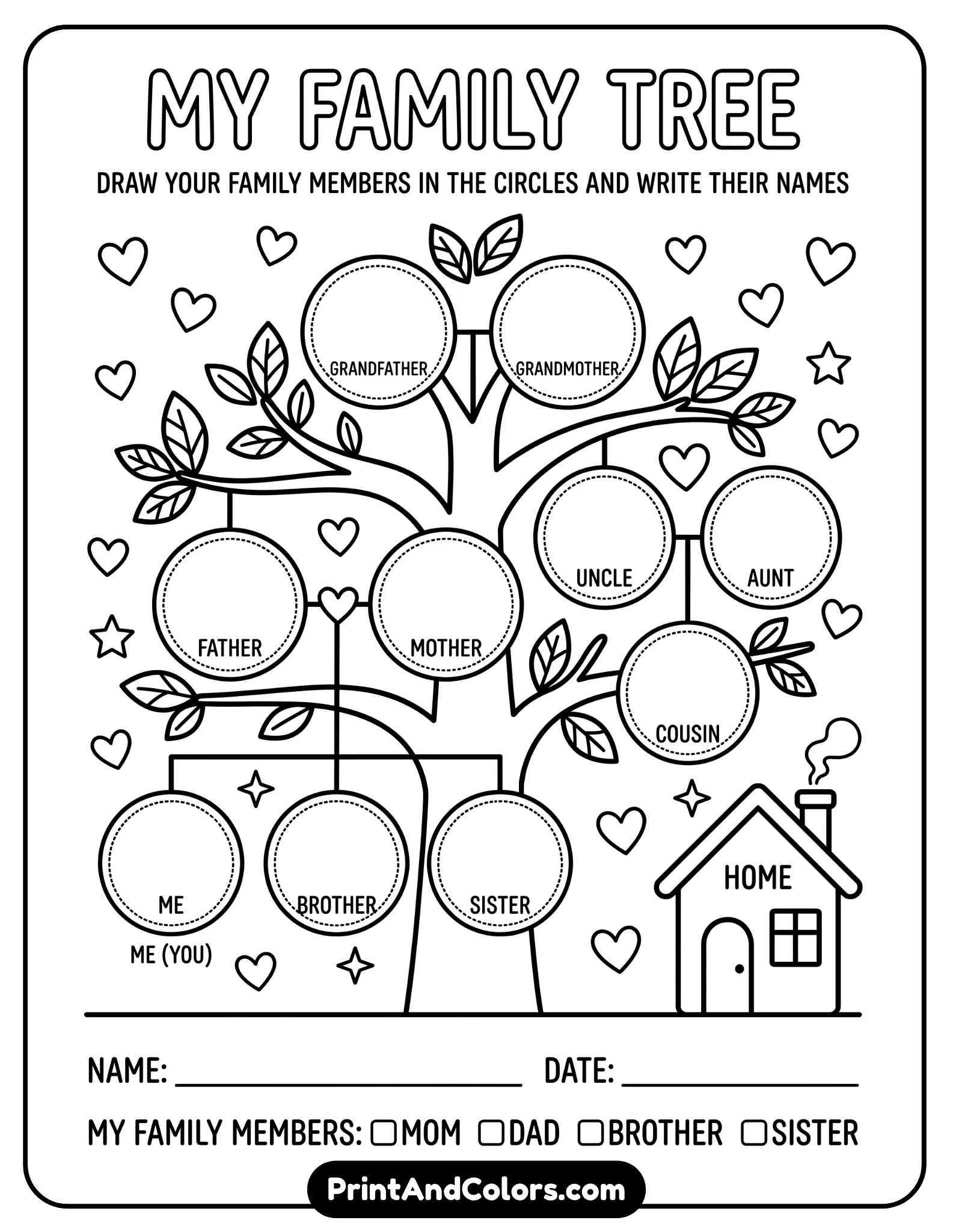 family-themed black-and-white worksheet with simple people icons, a house, and heart symbols. Include sections for family members and relationships. Clean outlines, no shading