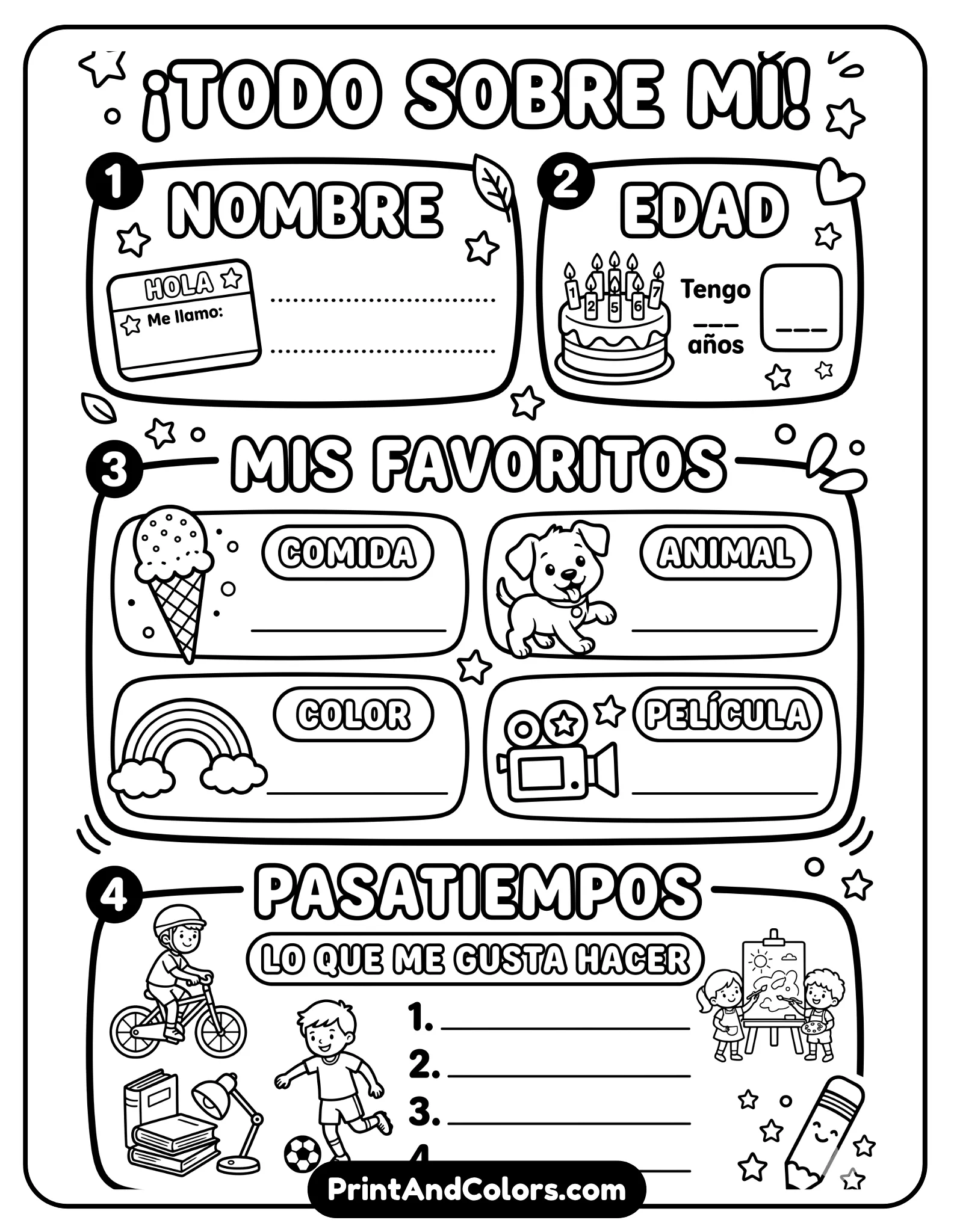 black-and-white worksheet with culturally neutral icons and Spanish-language section labels such as nombre, edad, favoritos, and pasatiempos. Clean layout, bold outlines, no grayscale