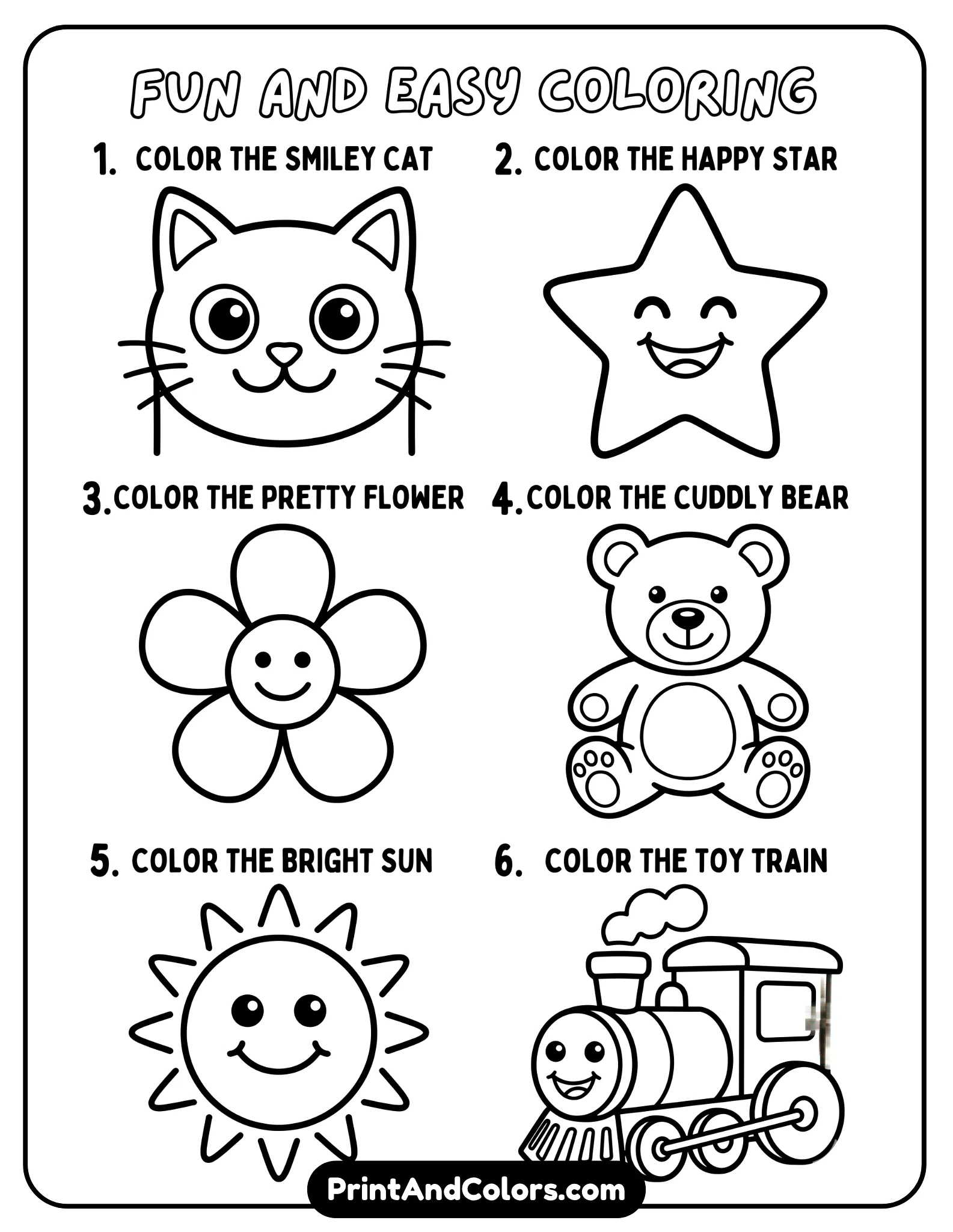 pre-K black-and-white worksheet with very large pictures, minimal prompts, and simple shapes. Include animals, toys, and smiling faces. Thick outlines, easy-to-color format.