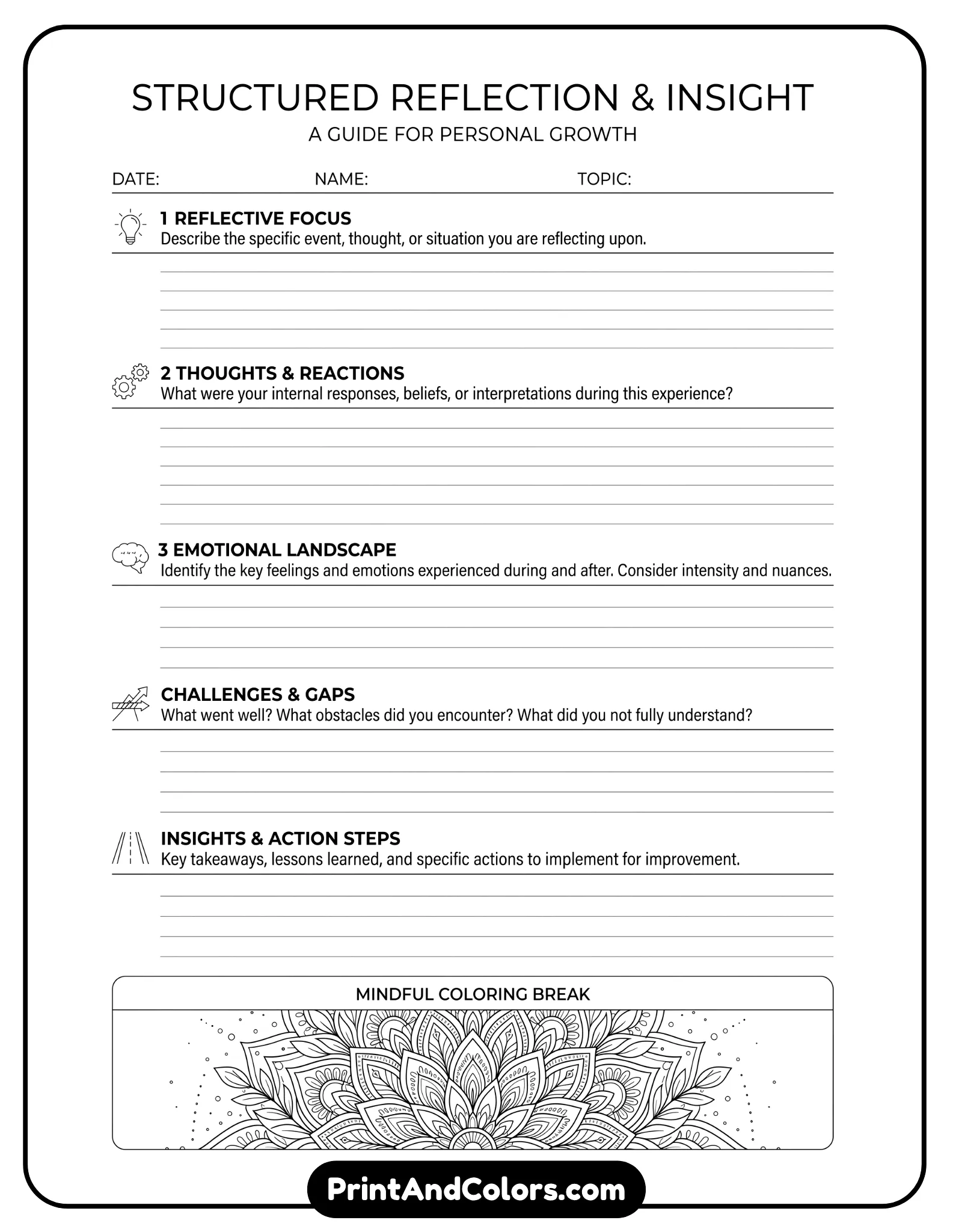 professional black-and-white worksheet suitable for free PDF download with structured reflection sections for adults. Minimal icons, plenty of writing space, clean and printer-friendly layout