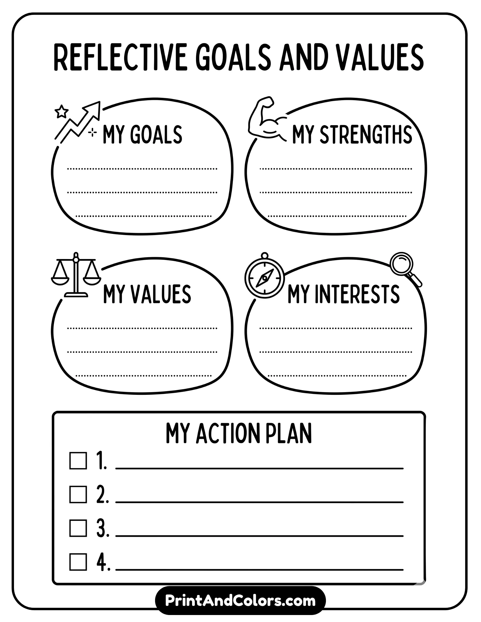 mature black-and-white worksheet for adults with minimal illustrations, clean typography-style lines, and reflective prompts such as goals, strengths, values, and interests. Simple icons only, no childish elements, no shading.