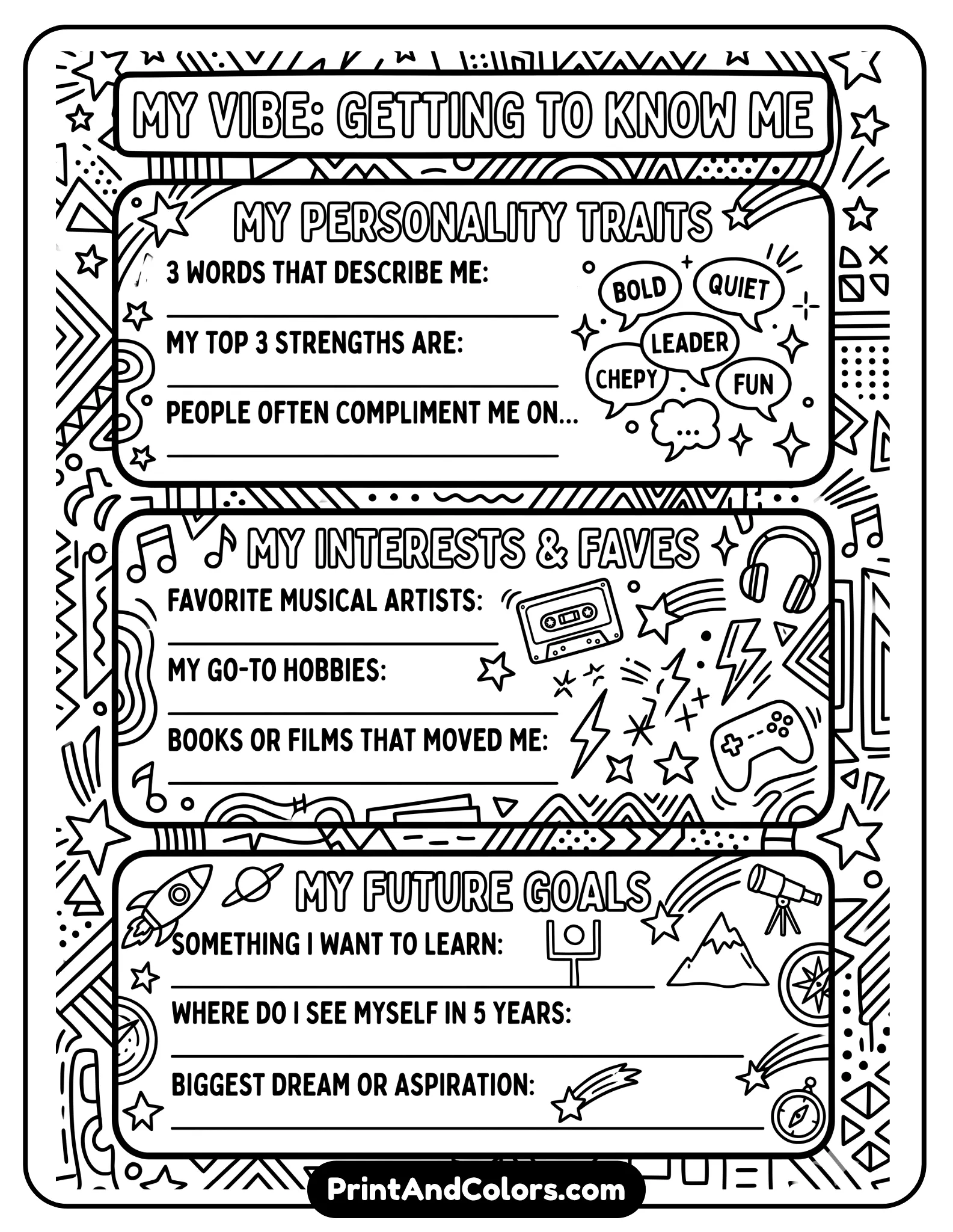 teen-focused black-and-white worksheet with modern doodles like speech bubbles, music notes, and stars. Include prompts for personality, interests, and future goals. Bold outlines, no childish elements