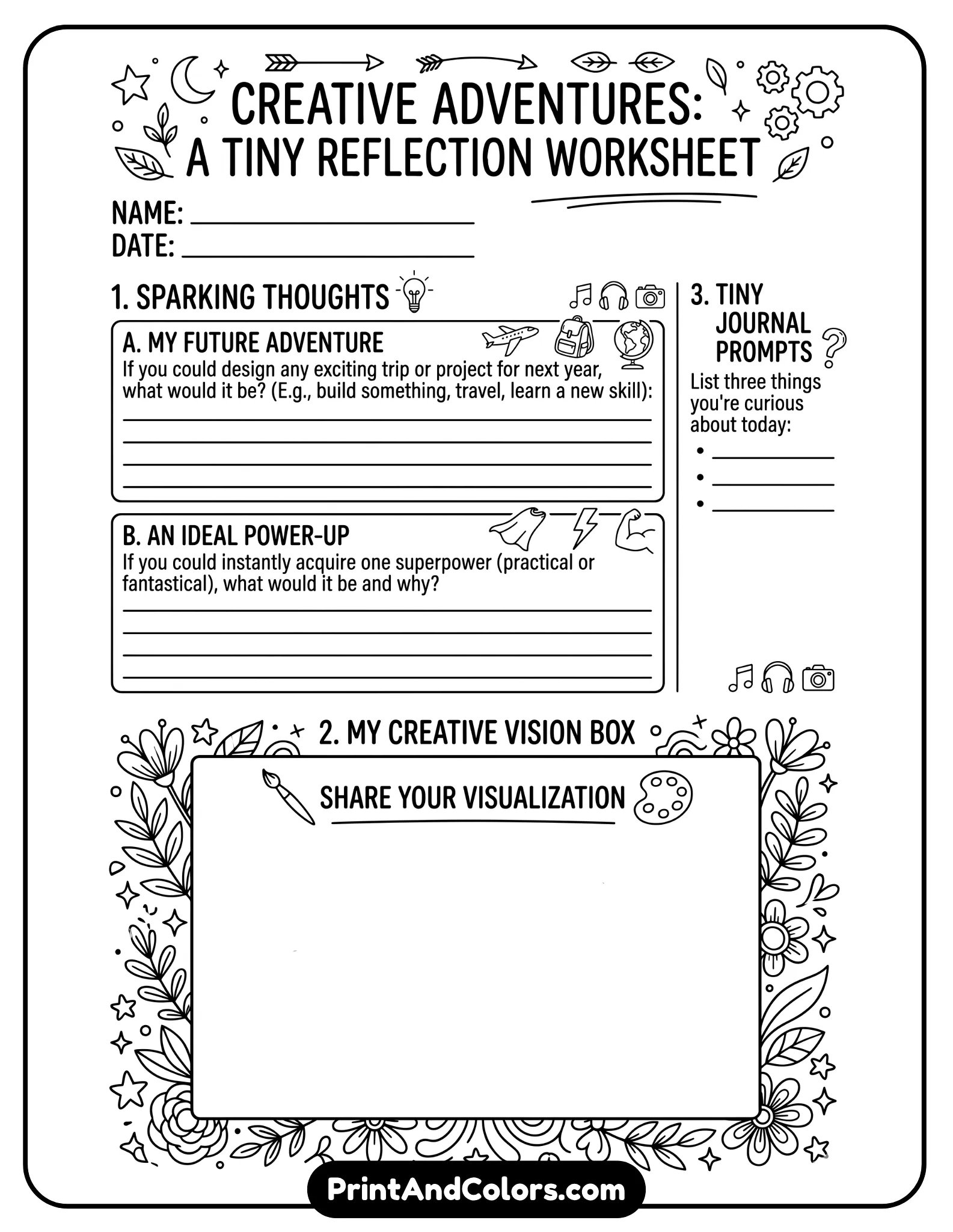 stylish black-and-white worksheet for teens with balanced text and illustration areas. Include writing prompts and a creative drawing box. Clean lines, no shading, printable coloring style