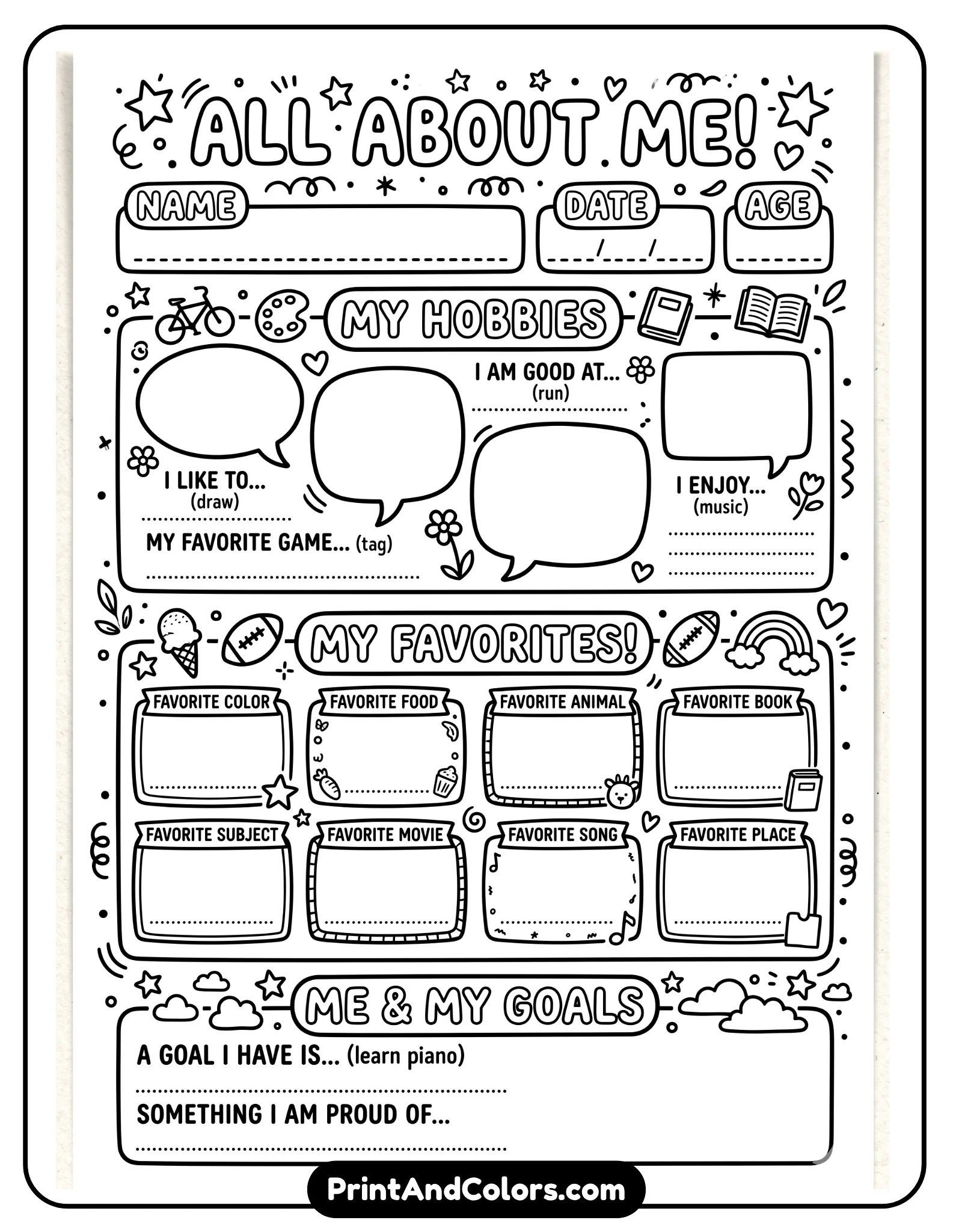 black-and-white worksheet showing example answers lightly outlined or in sample boxes. Include prompts for name, hobbies, and favorites with clear structure. Keep outlines bold and printable