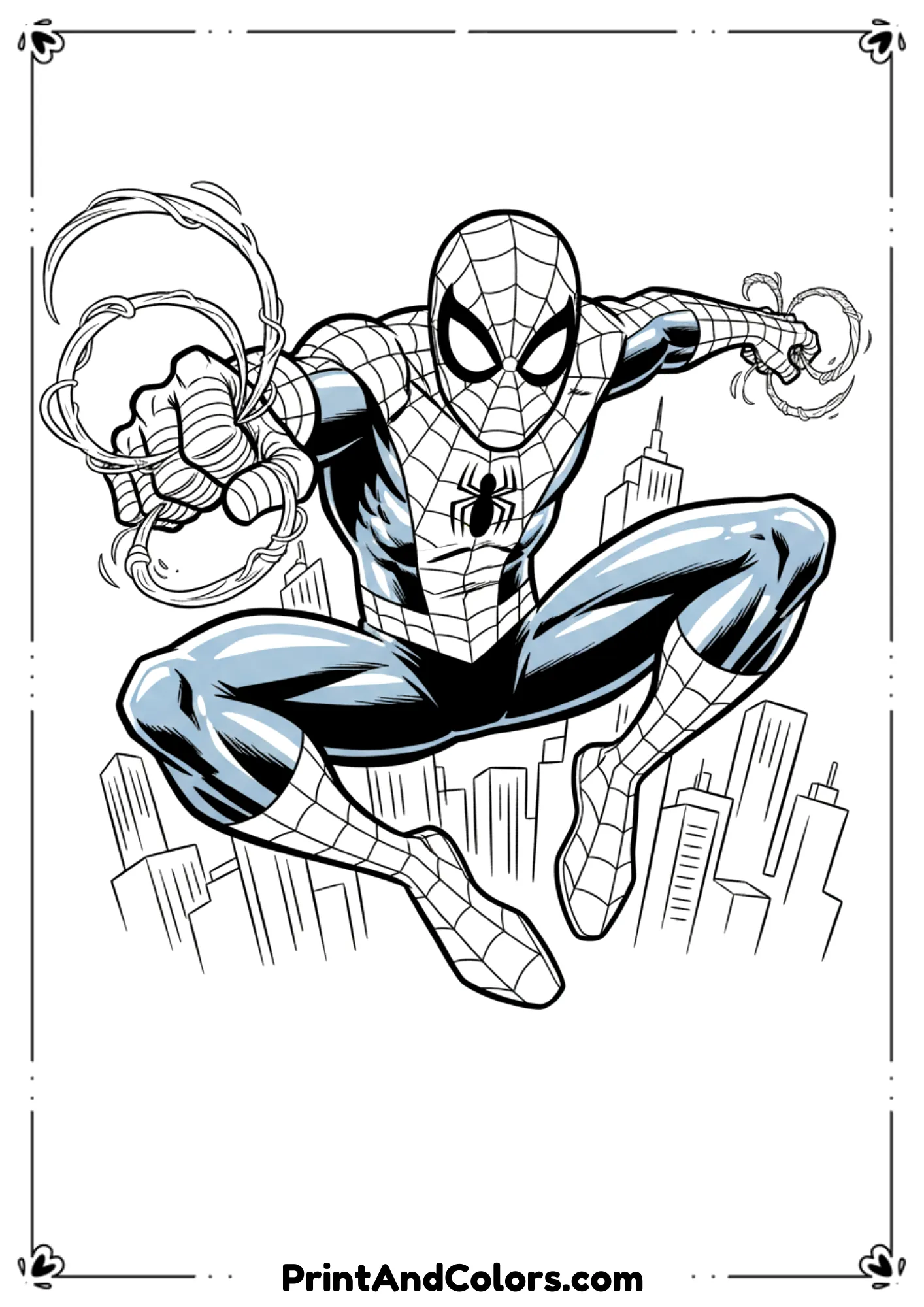 Classic Amazing Spider-Man pose with dynamic webs, comic-style line art.
