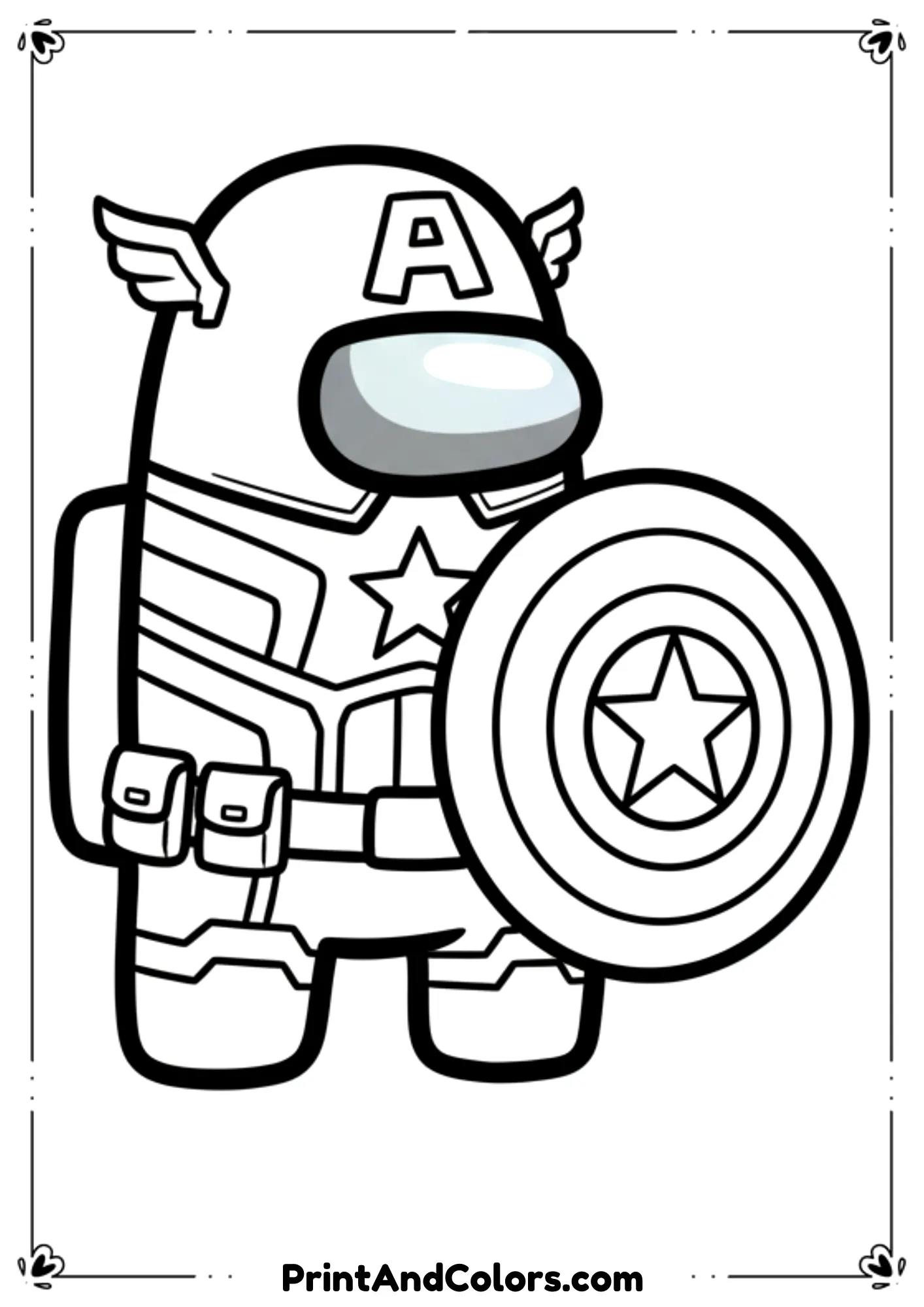 Black and white Among Us crewmate dressed as Captain America with shield, clean cartoon outlines for coloring.
