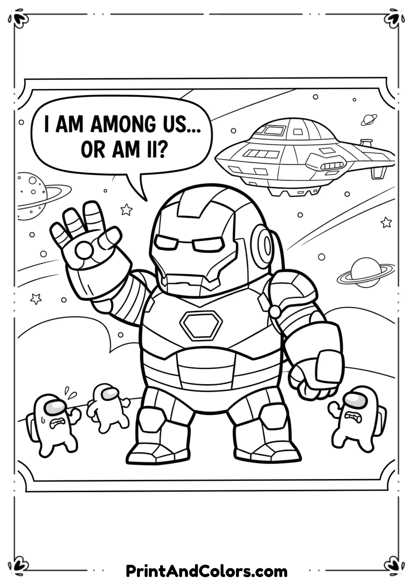  Fun line drawing of Among Us crewmate wearing Iron Man armor suit, cartoon style.
