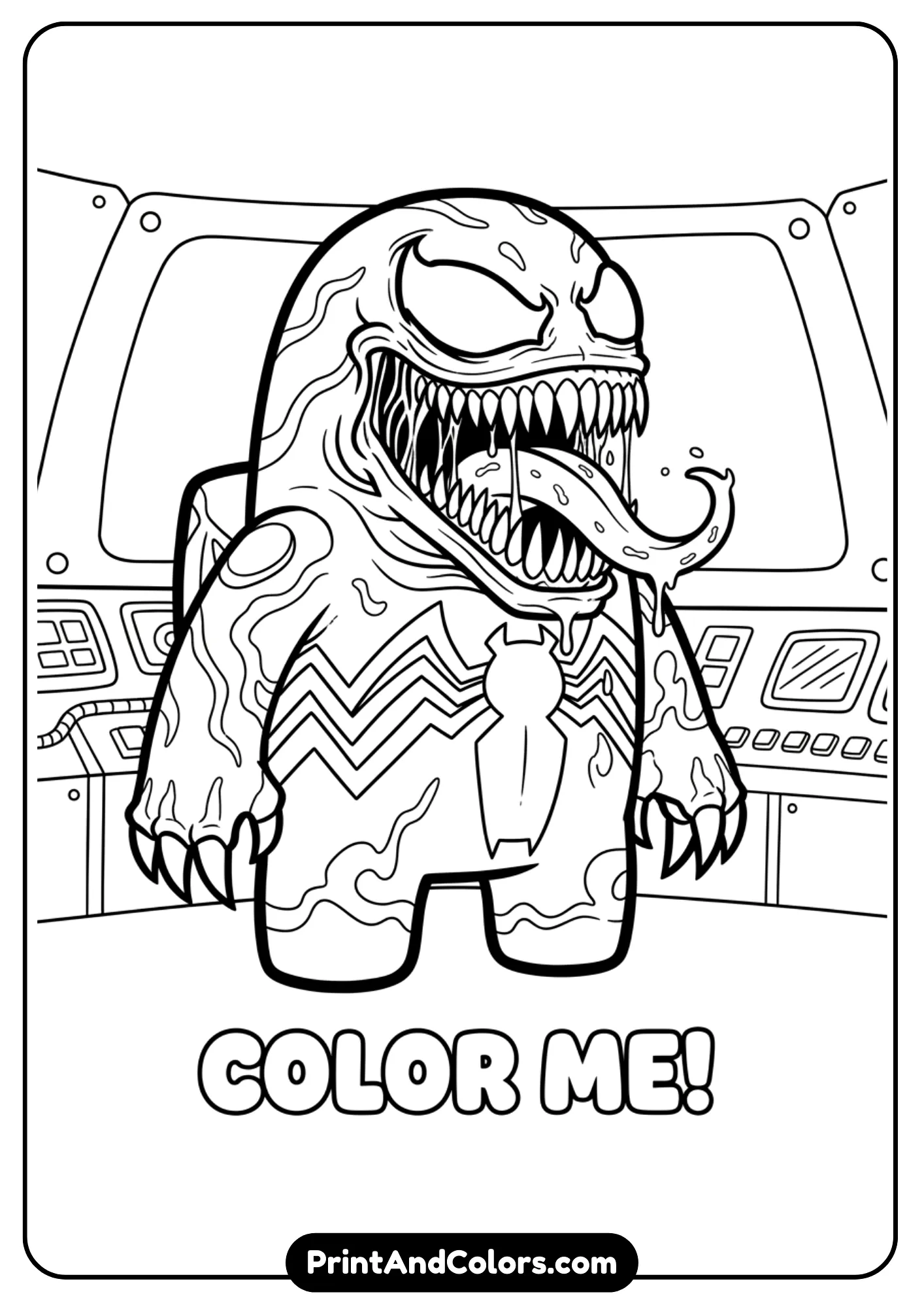 Cartoon-style Among Us crewmate merged with Venom symbiote, sharp teeth and tongue exaggerated. Fun outlines for kids.