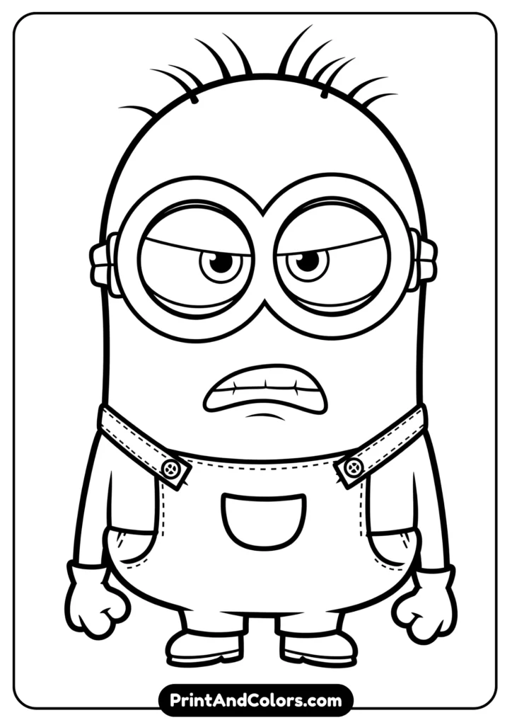 Minion frowning with angry expression, cartoon-style outlined in black and white.