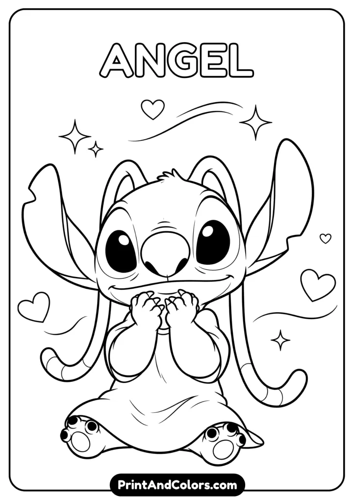 Angel in a cute pose with heart sparkles in the background, drawn in soft cartoon lines