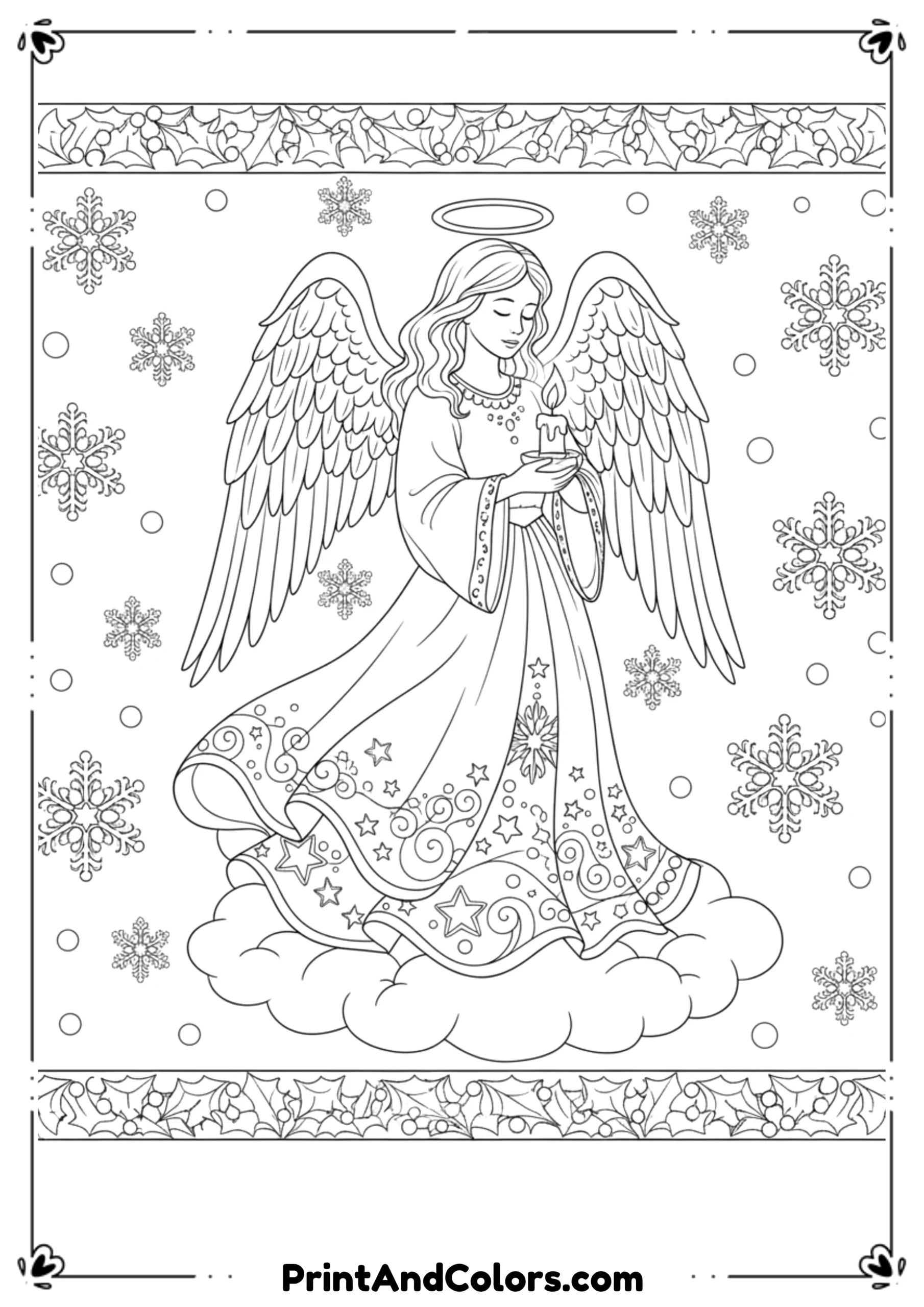 Black and white outline of a Christmas angel with wings, halo, and flowing gown holding a candle.
