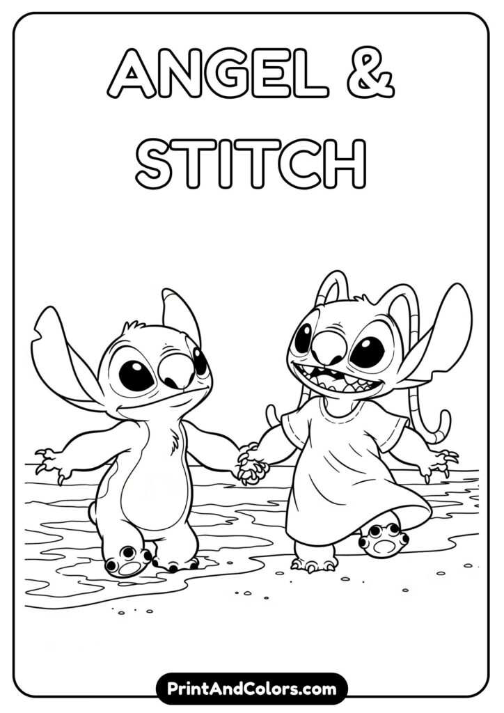 Stitch and Angel holding hands under a starry sky, perfect for romantic or best-friend themes