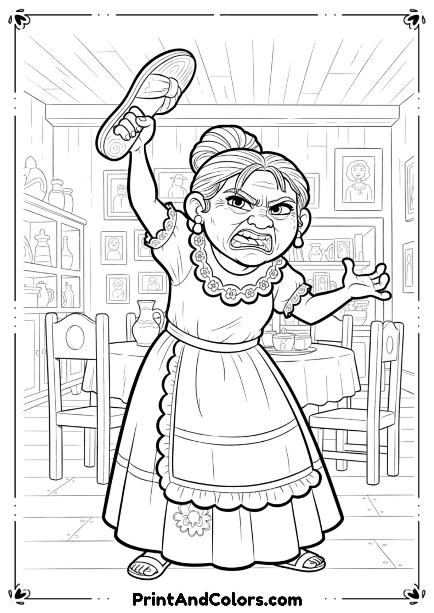 Humorous black and white line art of Abuelita angrily holding a slipper, Coco character in expressive pose, printable coloring sheet.