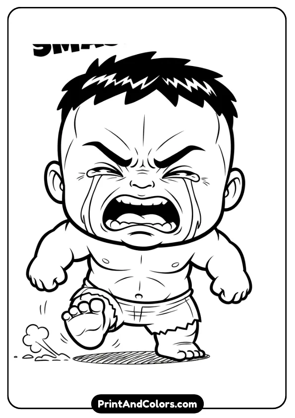 Cute baby Hulk crying or stomping, chibi style, big head small body, angry expression, thick outlines, black and white line drawing