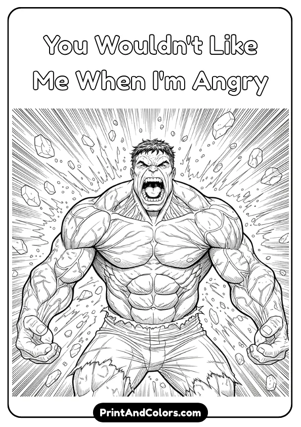 Adult-level detailed black and white line drawing of an angry Hulk roaring, hyper-detailed muscles, veins, textured lines, printable