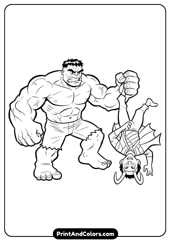 Funny detailed line-art of angry Hulk holding Loki upside down by the ankle, cartoon comedic style, strong outlines, no background.