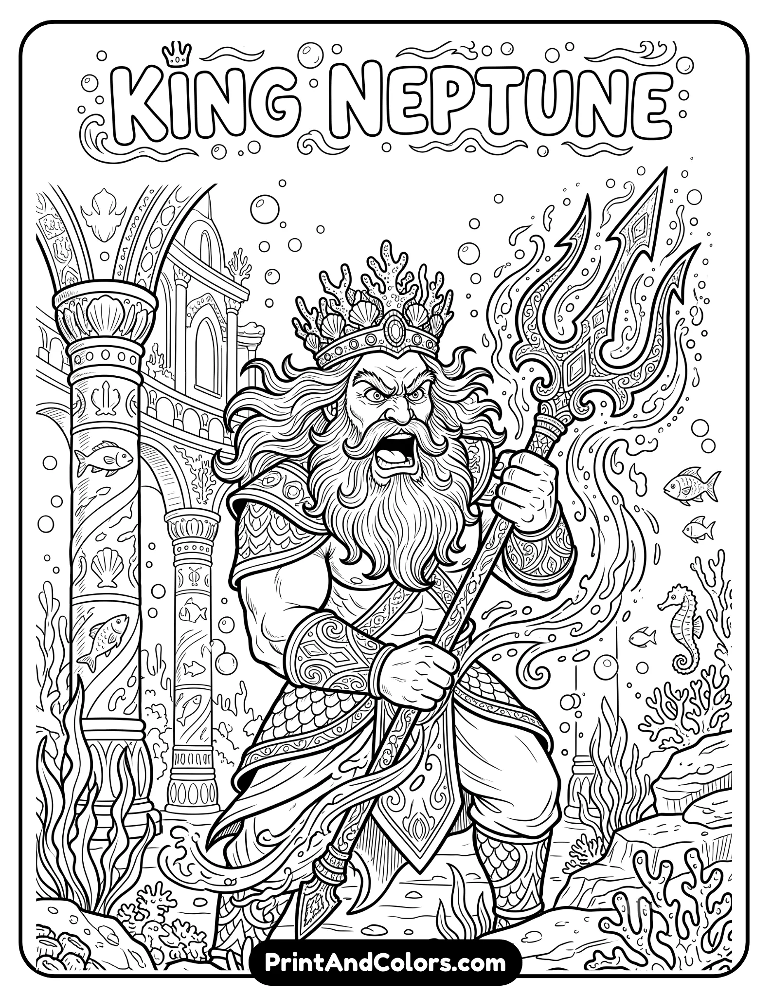 Black and white line art coloring page of King Neptune with angry expression holding a large magical trident, flowing beard and royal crown, underwater palace background with bubbles and columns, detailed printable cartoon artwork