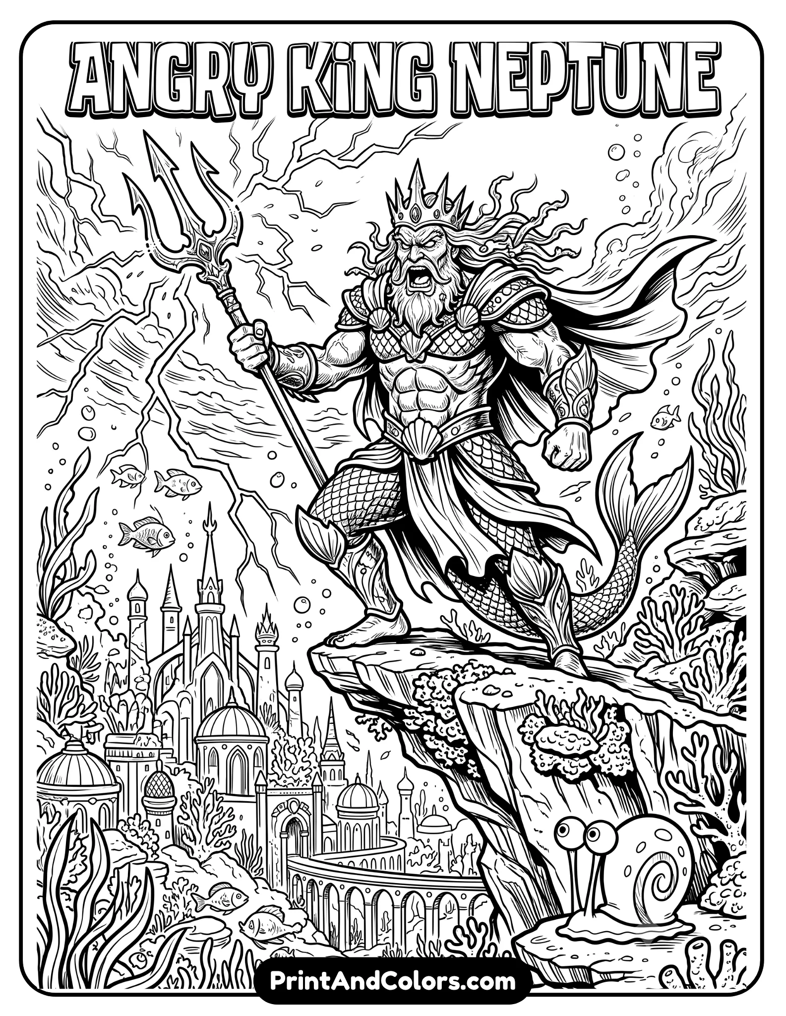 Detailed black and white coloring page of Angry King Neptune holding his trident with lightning effects, standing dramatically above underwater palace, Gary the Snail nearby looking small, comic-style line art, bold printable outlines