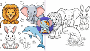Black and white animal coloring pages with lion, elephant, bunny, and dolphin in detailed cartoon style.