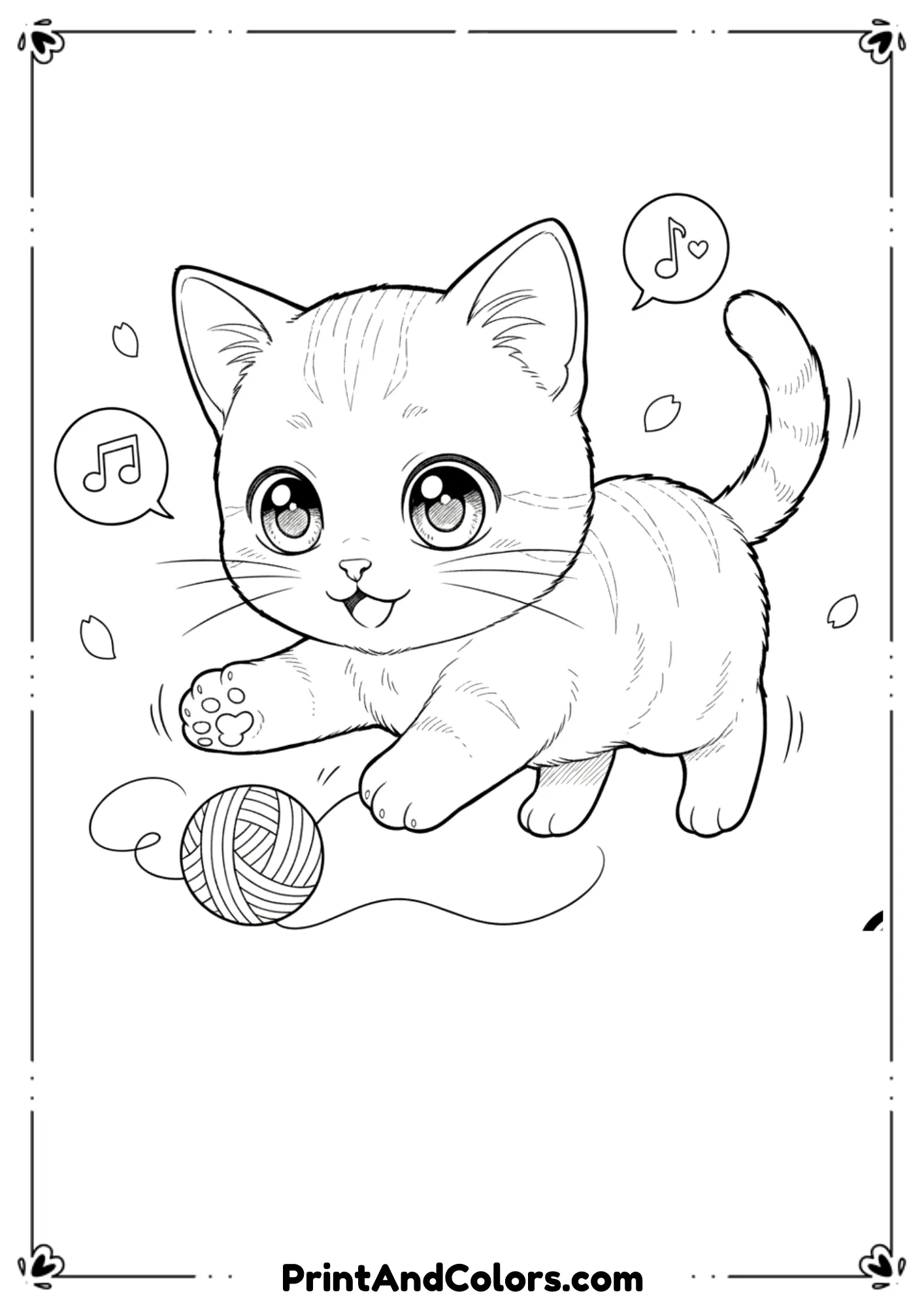 Anime-style kitten with big expressive eyes and playful pose, manga-inspired black-and-white line art.
