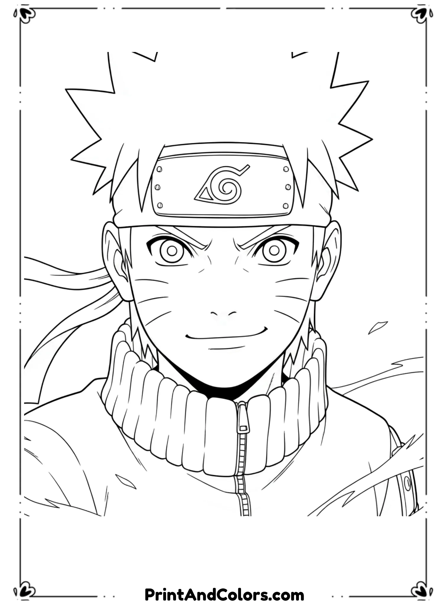Draw a detailed black and white anime illustration of Naruto Uzumaki in a classic anime pose, emphasizing sharp facial features, spiky hair, ninja headband, and expressive eyes. Minimal background elements. Smooth, bold outlines with no shading, ideal for anime-themed coloring pages.
