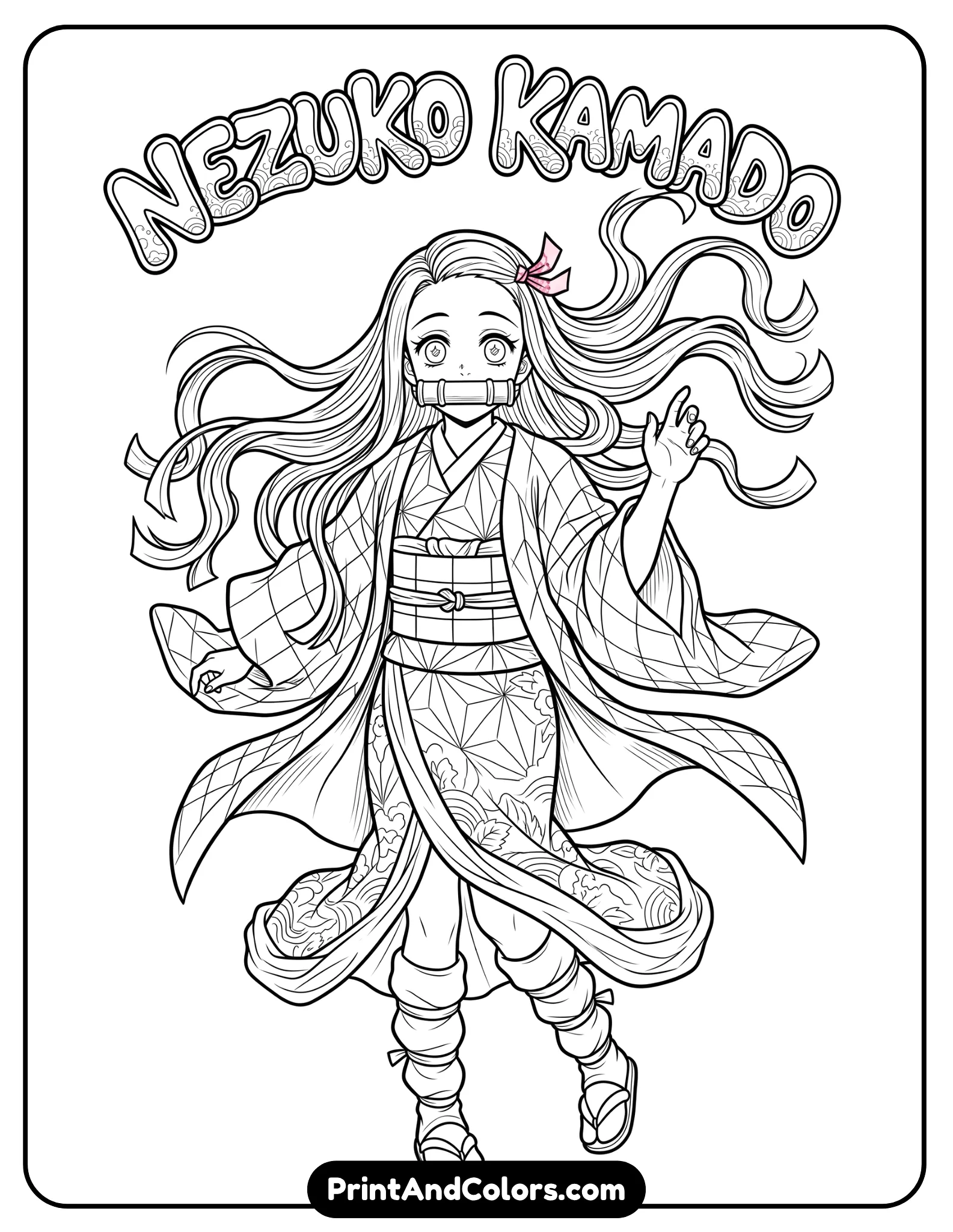 Classic anime-style Nezuko with dynamic hair, expressive eyes, detailed kimono folds, medium complexity line art, blank background