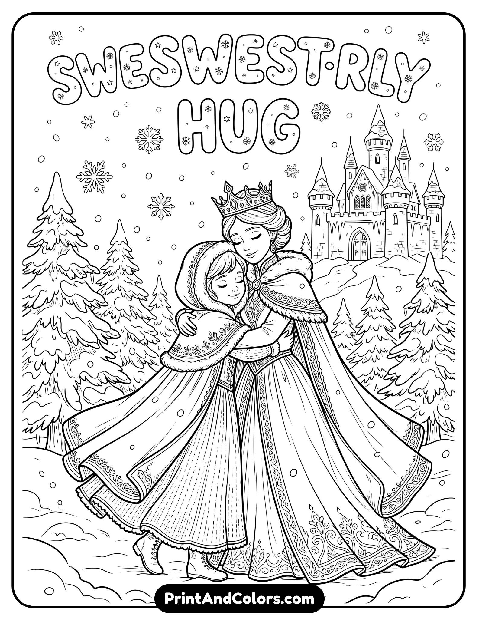 Heartwarming black and white coloring page of Anna and Elsa hugging warmly during snowfall, winter capes and dresses flowing gently, snow-covered trees and frozen castle behind them, emotional sisterly moment, printable coloring page with soft detailed line art
