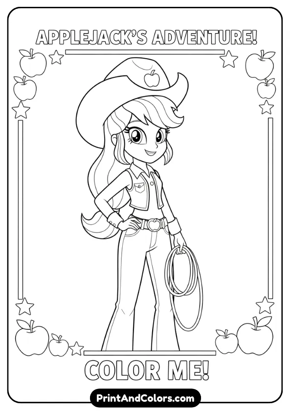 Create a black and white outline coloring page of Applejack in Equestria Girls human style wearing her hat. Simple pose, clean bold outlines, printable coloring page.