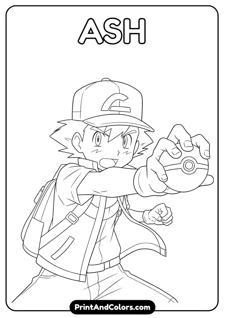Ash Ketchum battle-ready – energetic Pokemon coloring page.