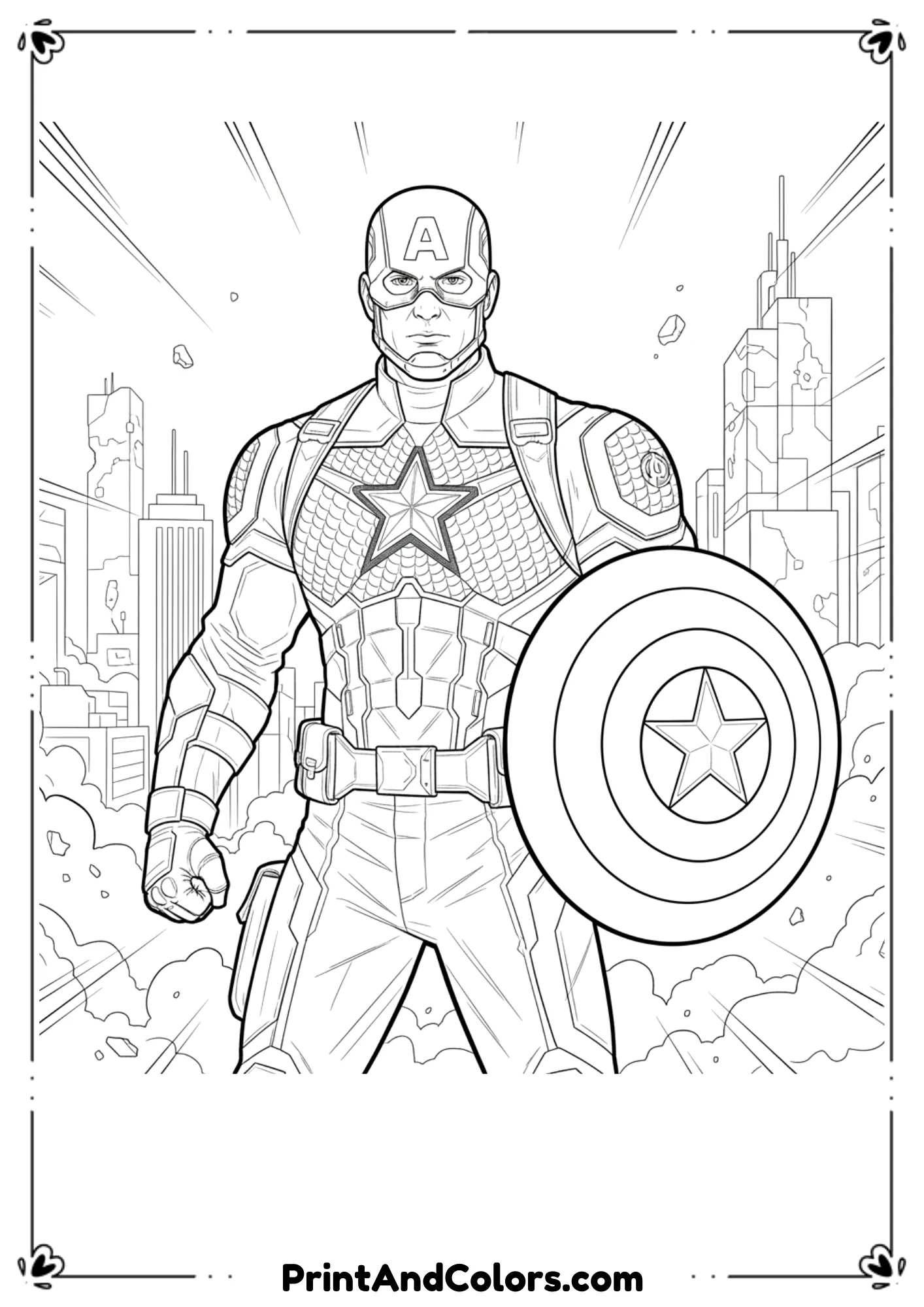 Black and white line drawing of Captain America in Age of Ultron suit holding shield.
