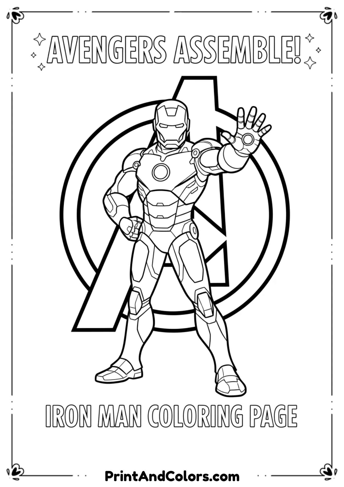  Line drawing of Iron Man standing with Avengers logo in background, bold outlines.
