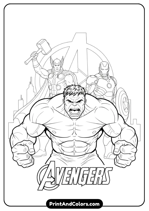 Hulk standing with Avengers silhouettes behind him—Thor, Iron Man, Captain America—clean black outlines, no shading