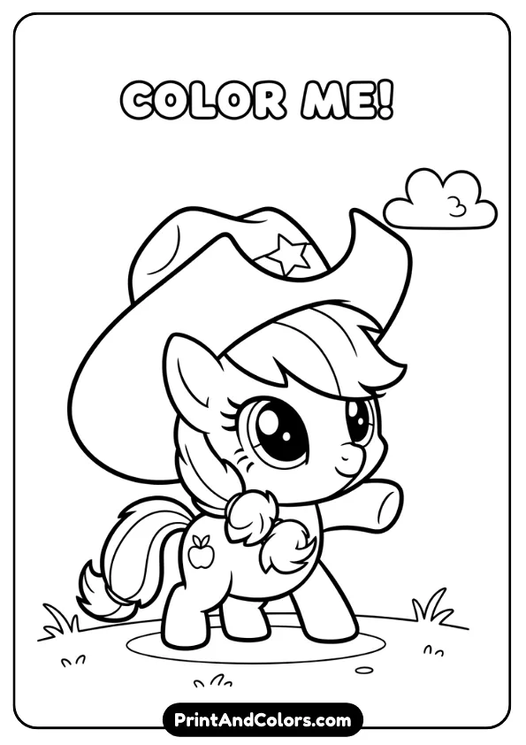 Create a cute black and white coloring page of baby Applejack wearing a cowboy hat. Big eyes, chibi proportions, minimal background, thick outlines, perfect for toddlers.