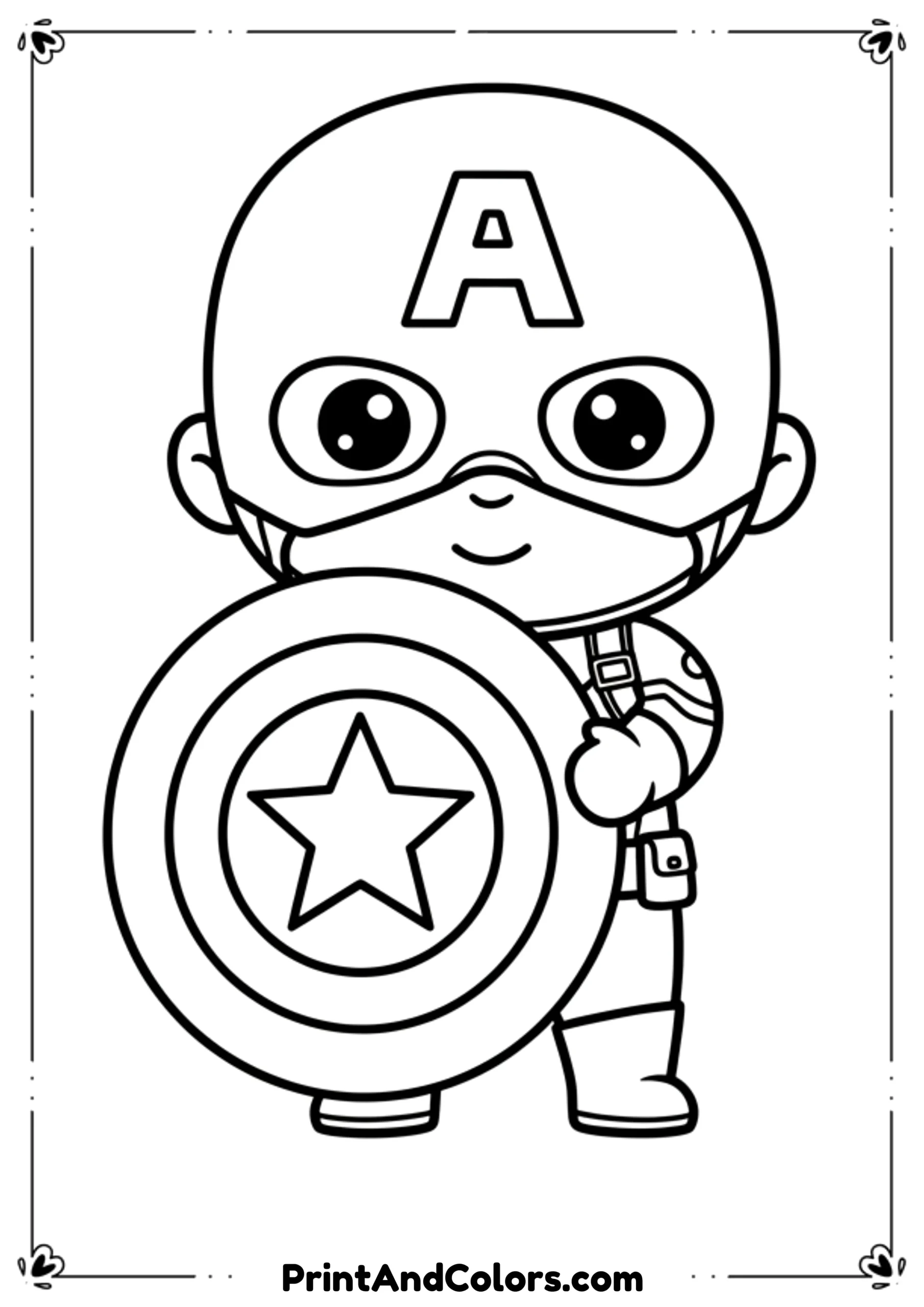 Cute baby-style Captain America with oversized shield, cartoon outline for children.
