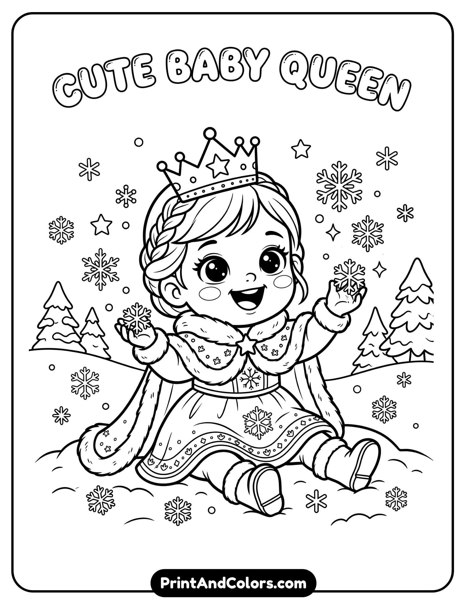 Cute baby Elsa coloring page in black and white line art, toddler Elsa wearing a tiny winter dress and cape, sitting on snow while playing with magical snowflakes, adorable facial expression, oversized eyes, simple clean outlines for kids, easy printable coloring page, minimal background with snow crystals