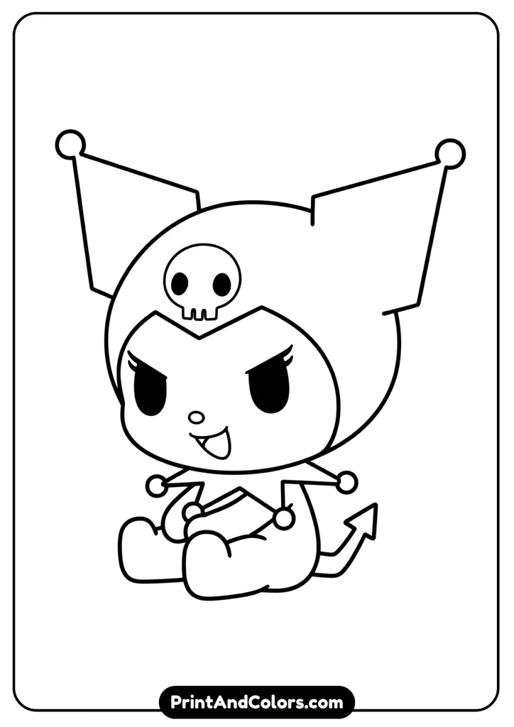 Chibi baby Kuromi with oversized head and small body, sitting cutely, simple clean lines for easy coloring.