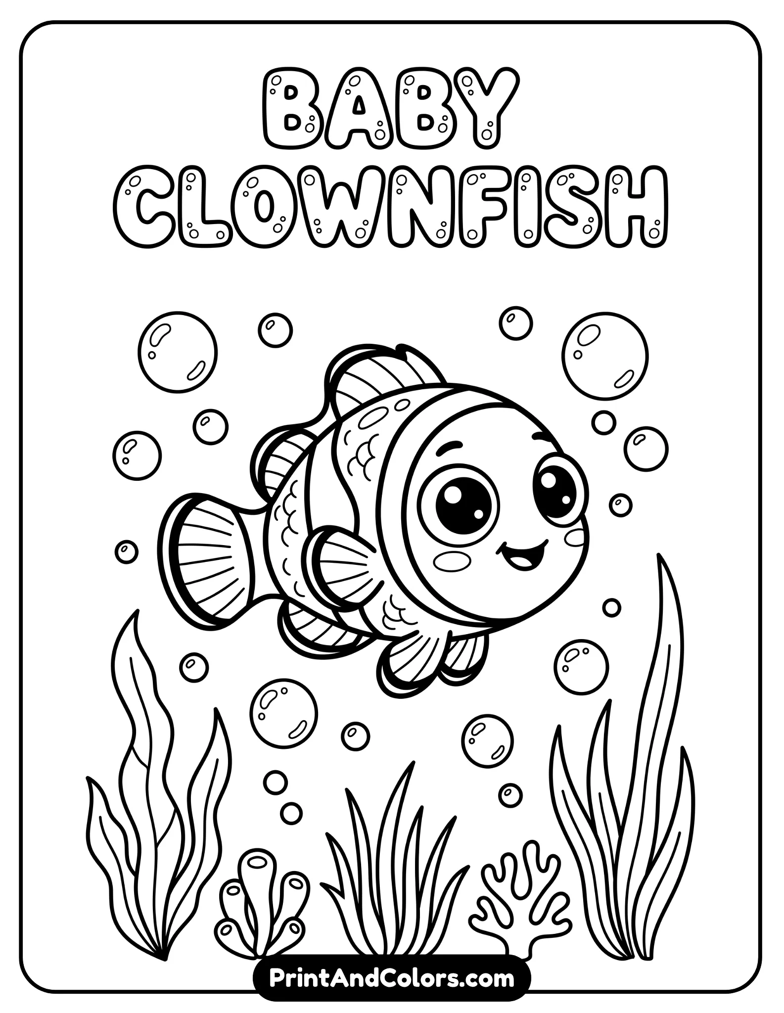 Line art of a baby clownfish with small body, big eyes, and playful expression, surrounded by bubbles and minimal sea plants. Very simple and cute design