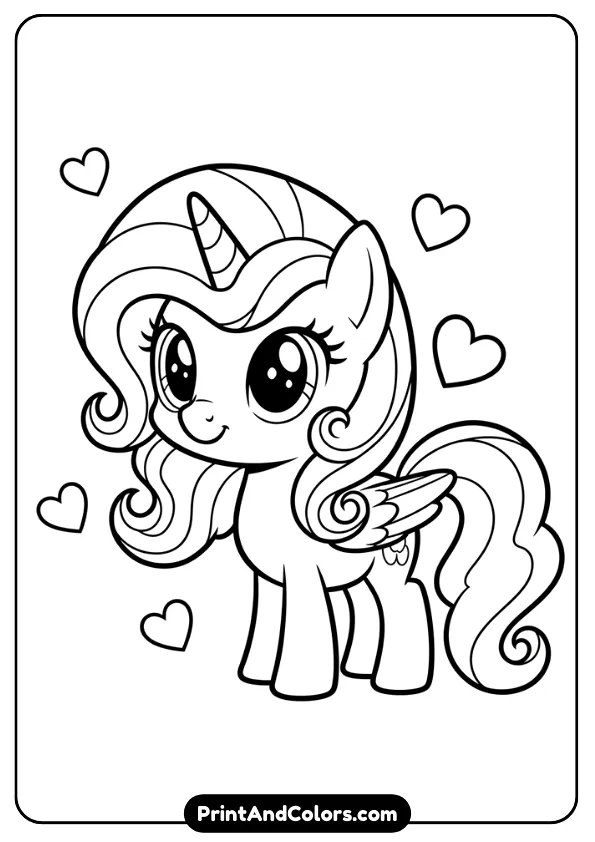 Design a cute black and white coloring page of baby Princess Celestia with small wings, big eyes, and hearts floating around. Chibi style, thick outlines, no shading, perfect for toddlers.