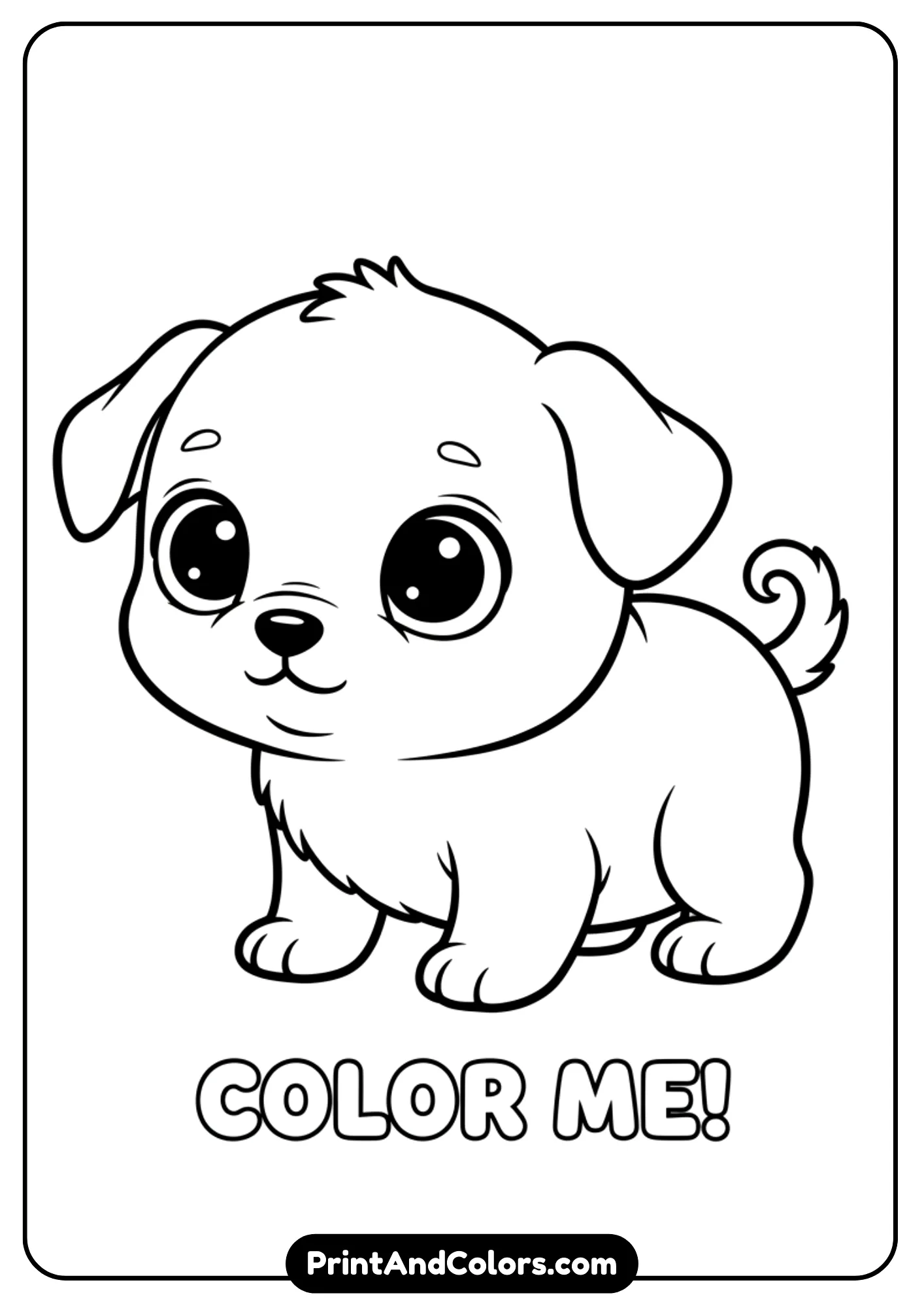 Outline art of a tiny baby puppy with big round eyes and short legs. Drawn in black and white for kids’ coloring pages