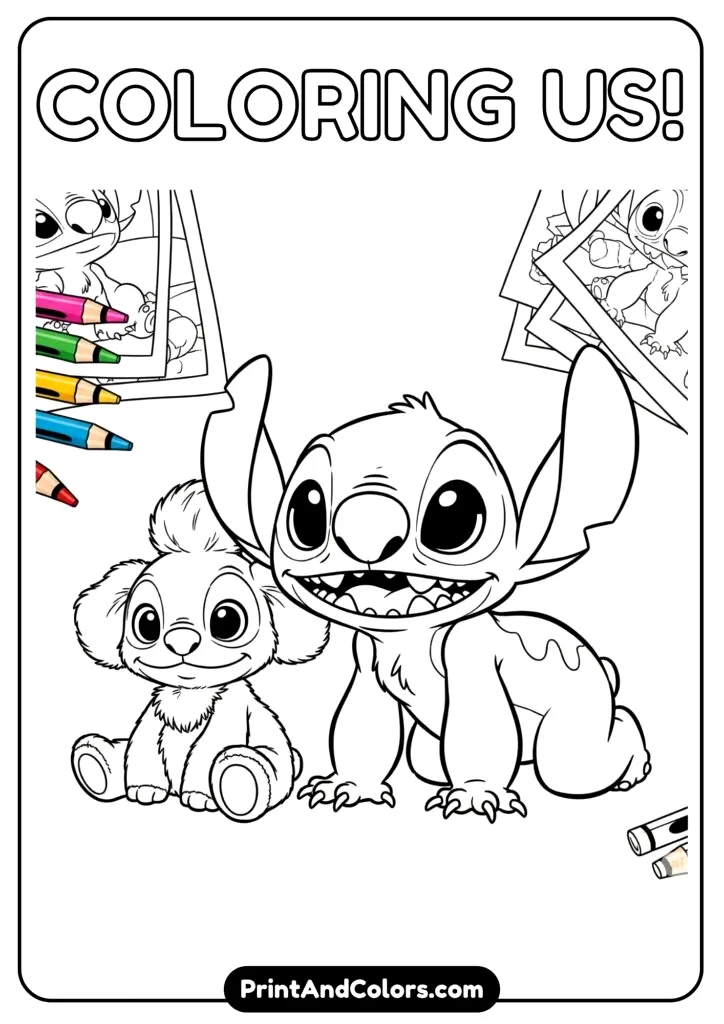 A playful baby Stitch crawling with his toy Scrump beside him