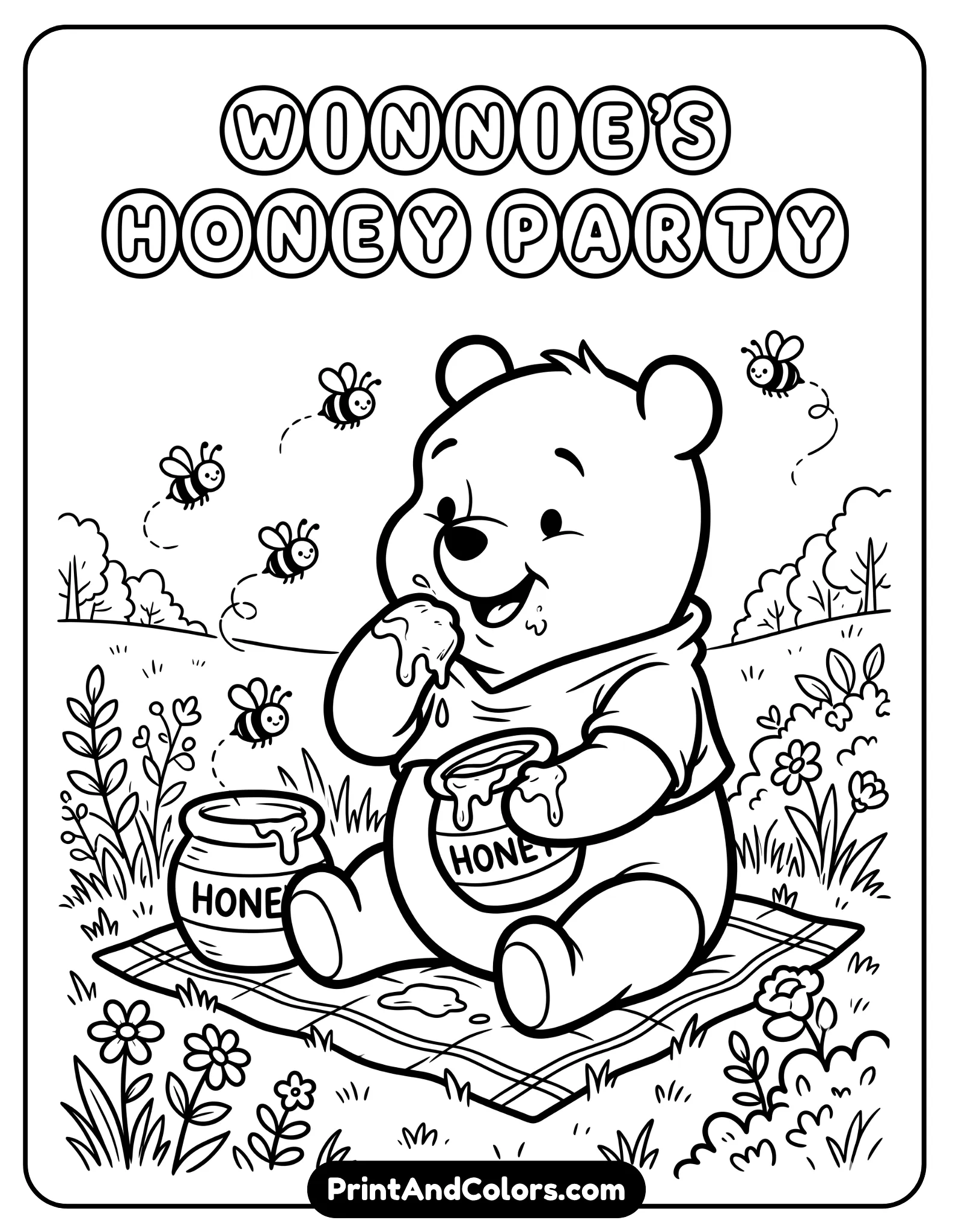 Adorable black and white line art of baby Winnie the Pooh sitting and eating honey from a small pot using his paw, honey dripping slightly, tiny bees flying nearby, chubby baby cartoon style with thick coloring outlines
