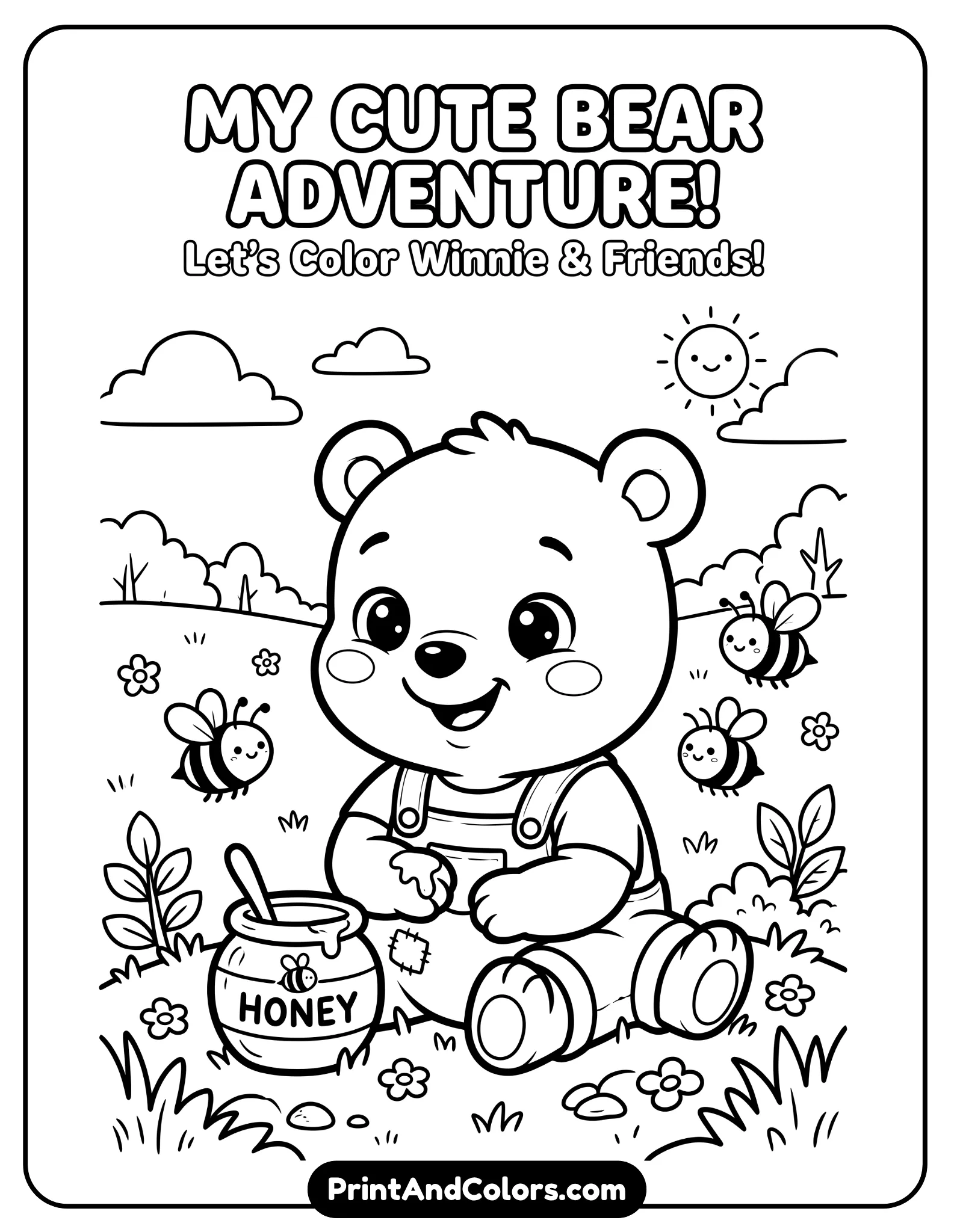Cute baby Winnie the Pooh sitting on the ground with big adorable eyes, small honey jar next to him, tiny bees nearby, chubby baby cartoon proportions, soft rounded shapes, simple black and white outline, thick coloring book lines, minimal background with grass, children’s coloring page style